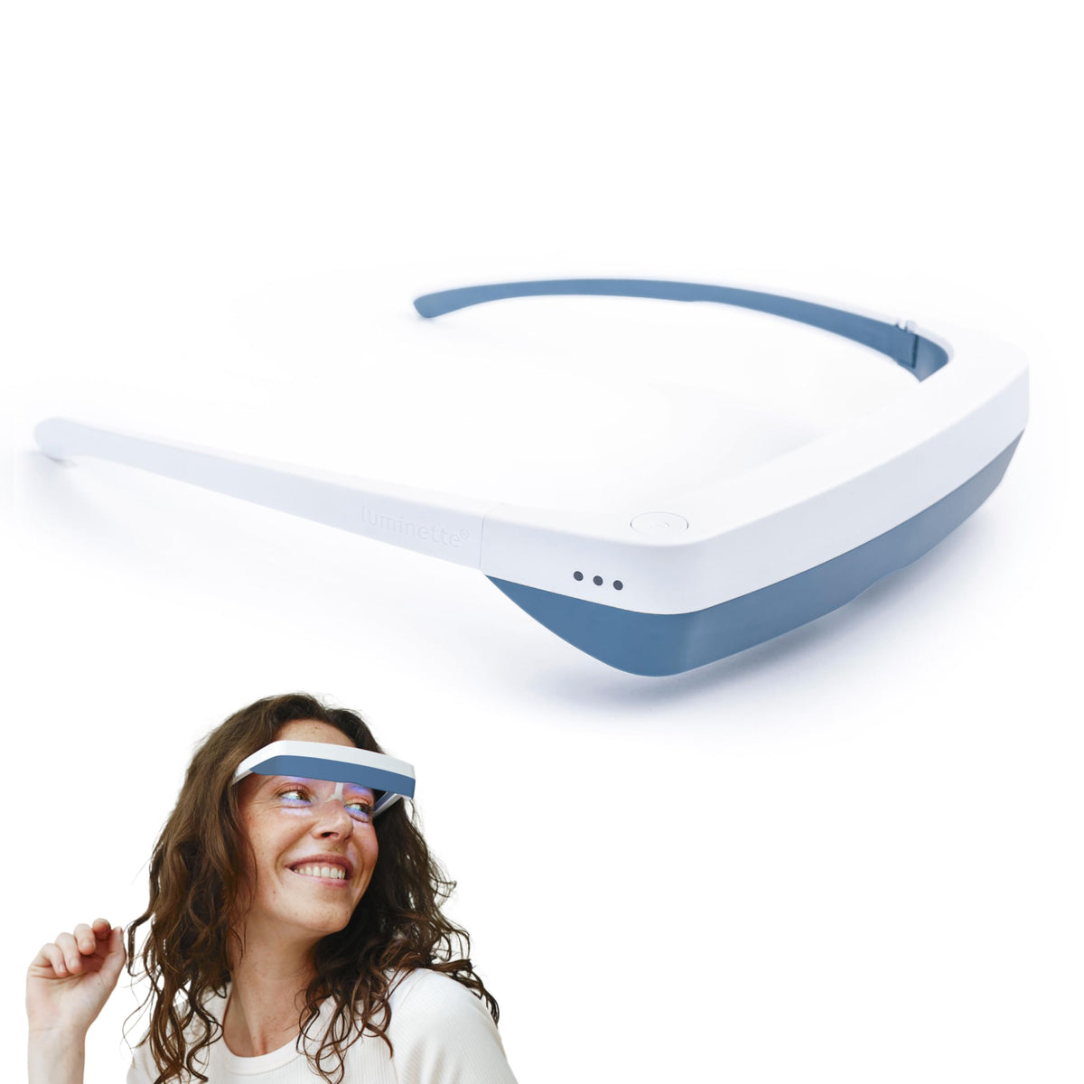 luminette gafas frontales color azul mostrando diseño ligero y cómodo