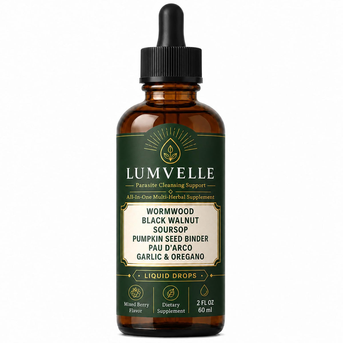 LUMVELLE frente del envase mostrando botella y sabor frutos rojos, fácil de usar
