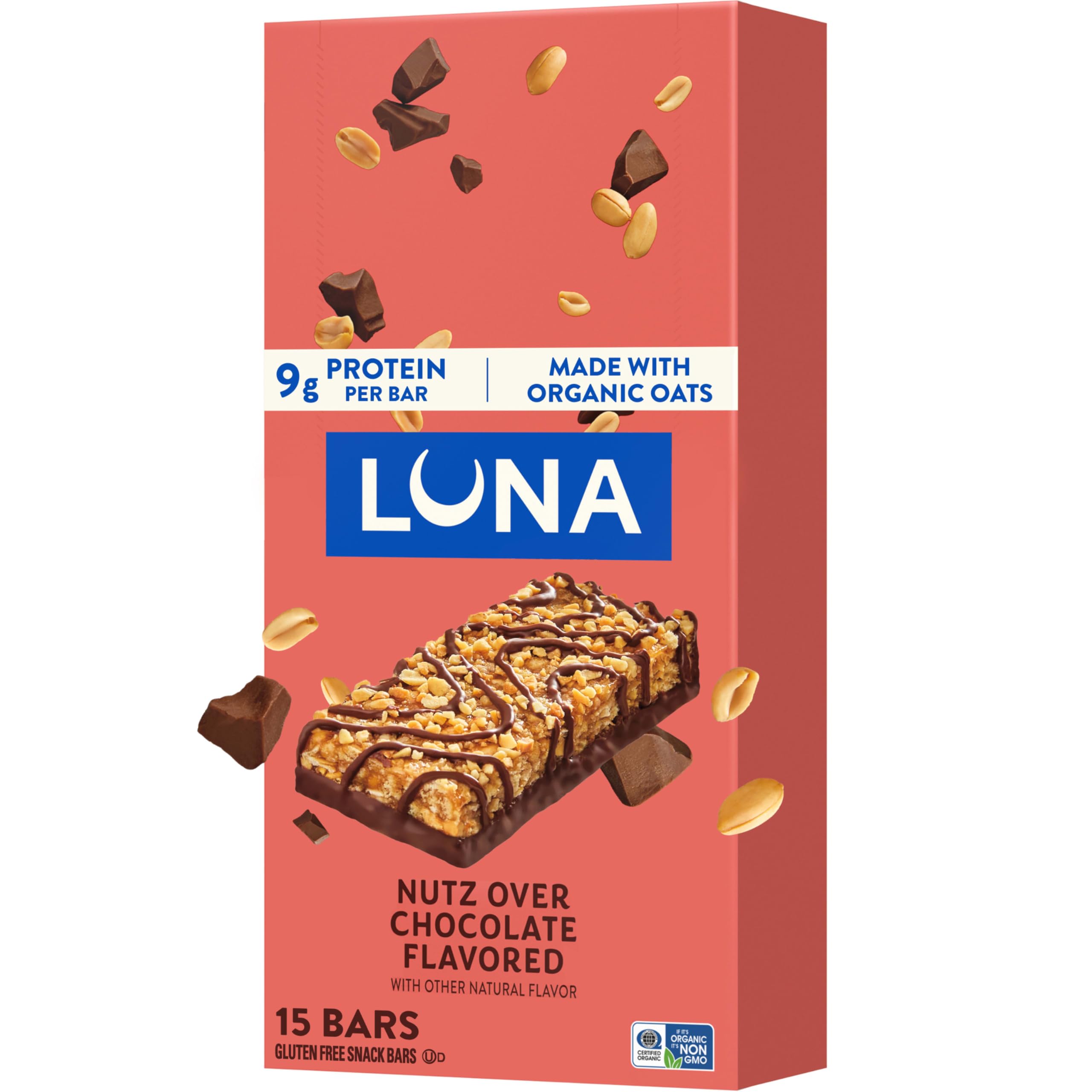 Luna Bar empaque frontal mostrando sabor y beneficios nutritivos
