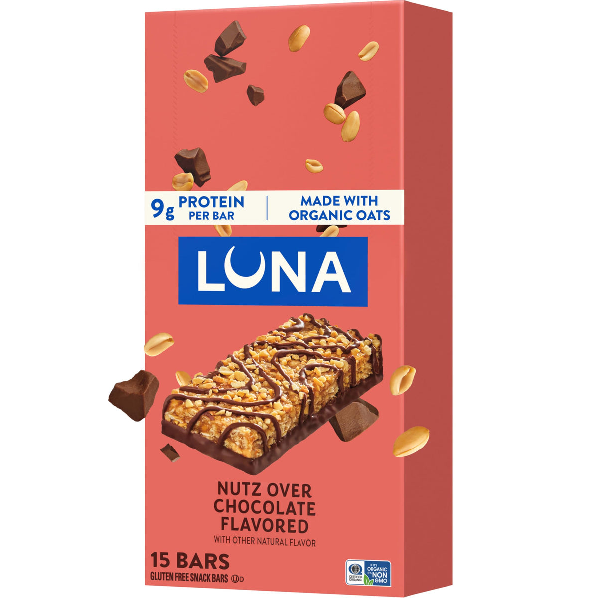 Luna Bar empaque frontal mostrando sabor y beneficios nutritivos