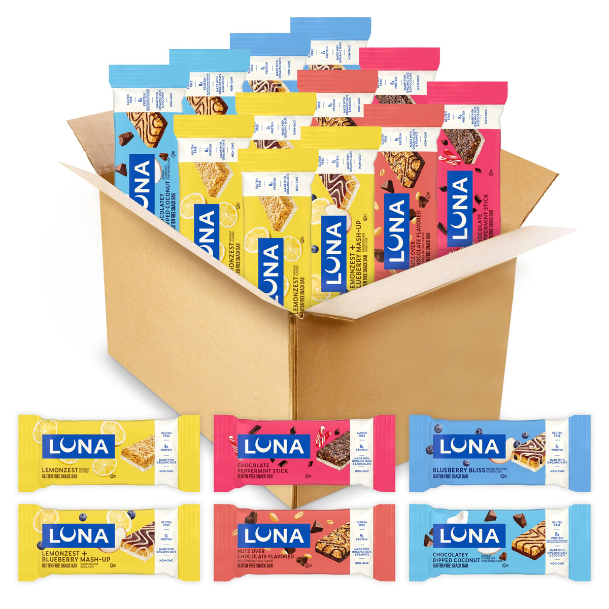 Luna Bar pack frontal con 12 barras mostrando variedad y conveniencia