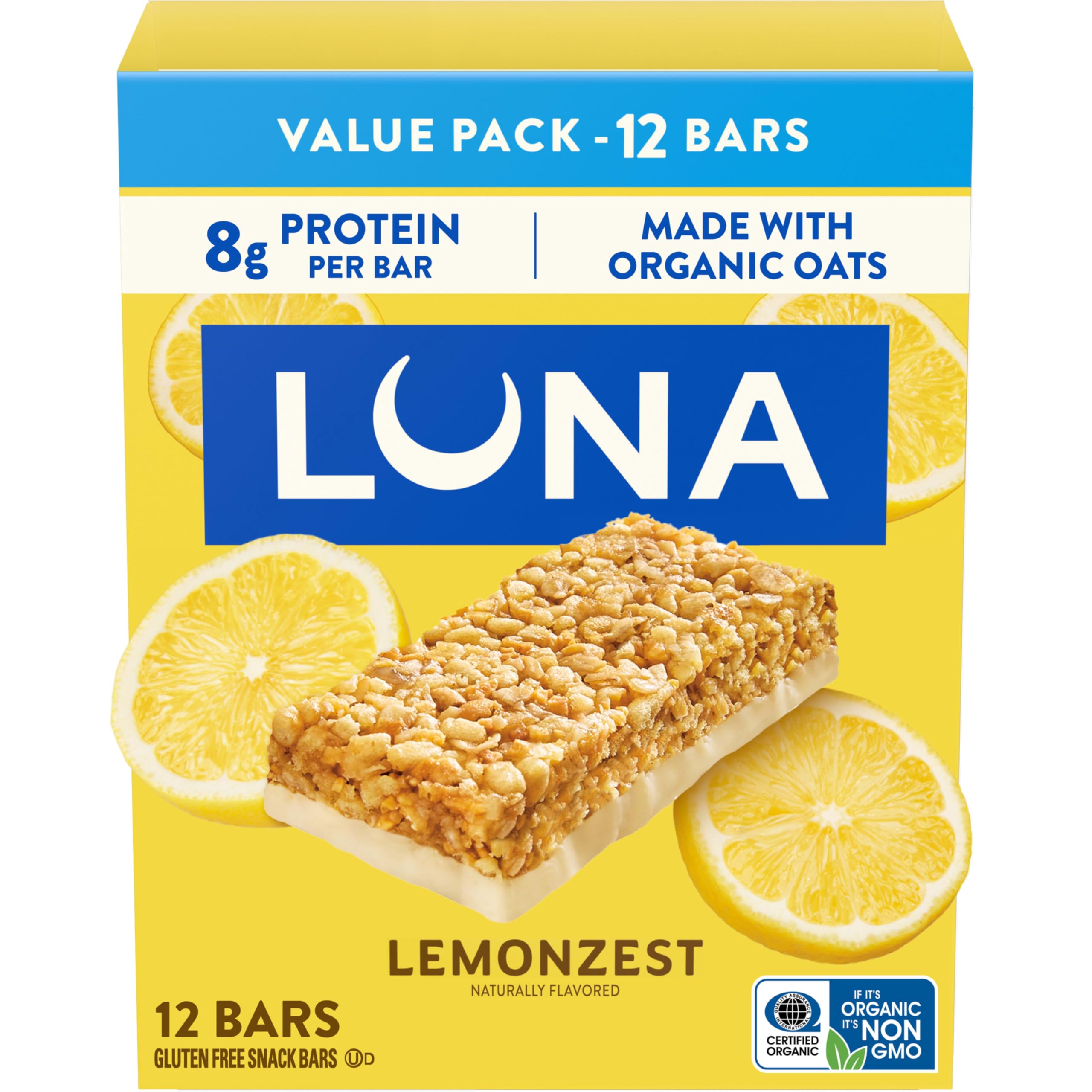 Luna Bar frente del empaque mostrando el sabor LemonZest y conveniencia