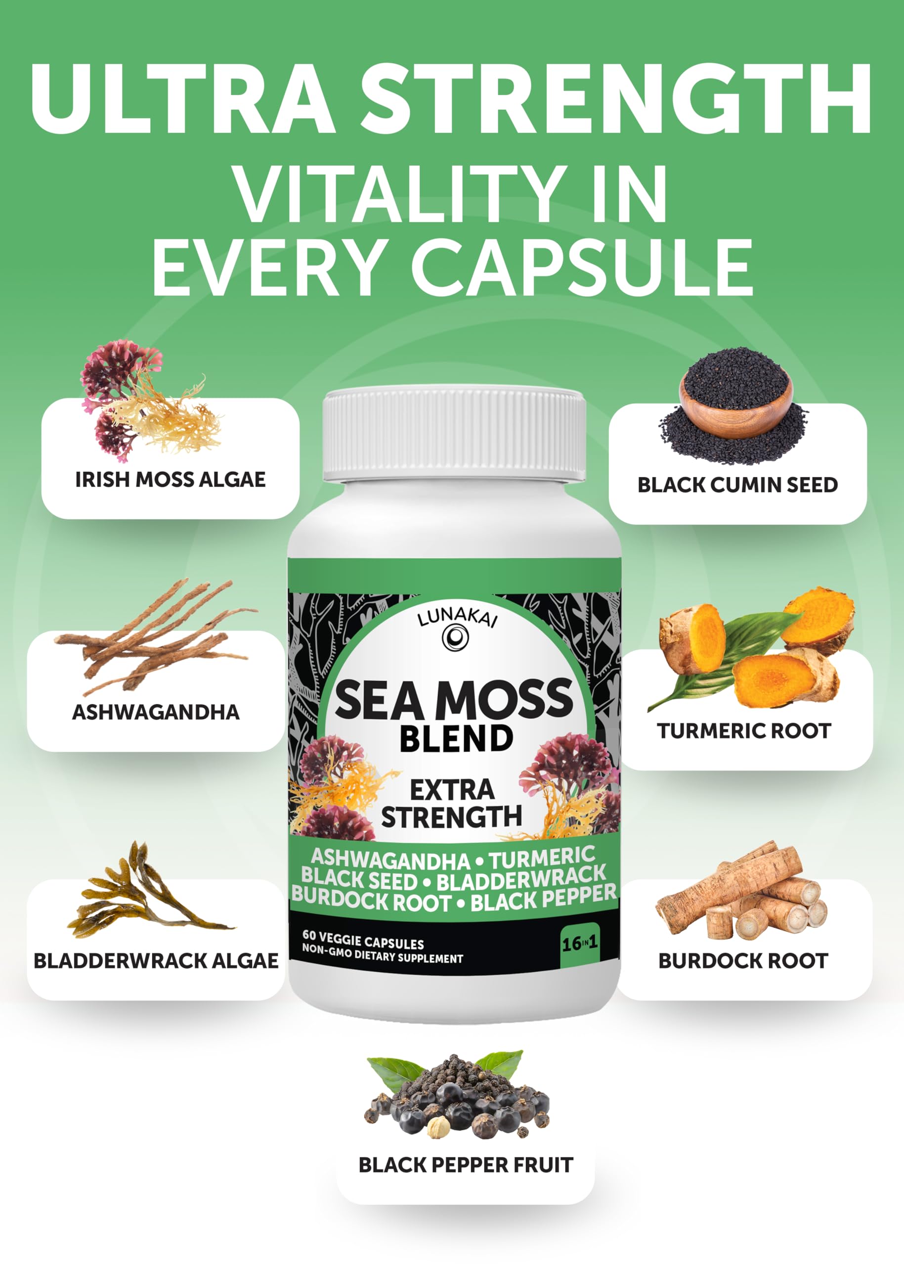 Lunakai etiqueta de ingredientes que muestra sea moss y componentes botánicos