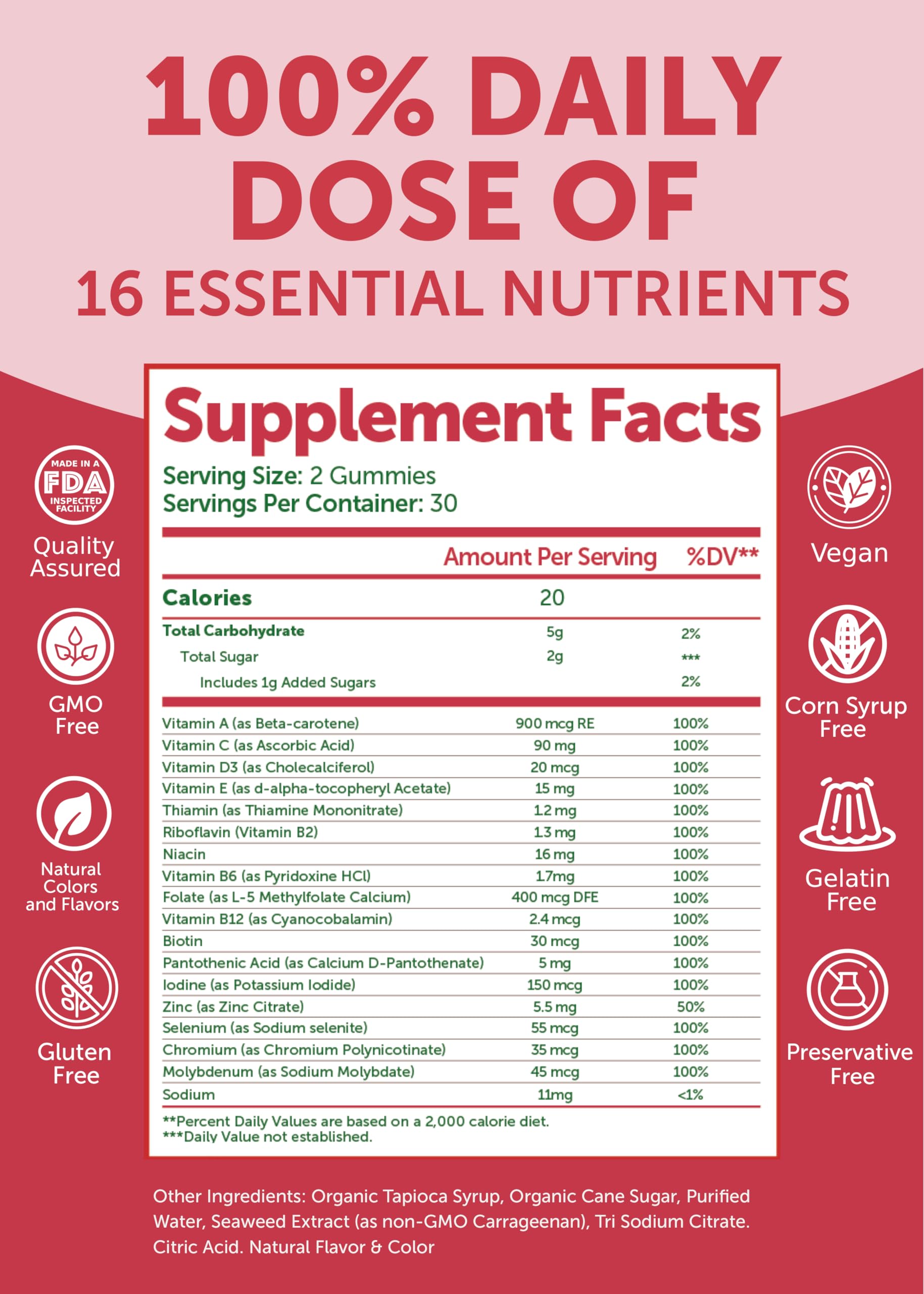 Etiqueta nutricional Lunakai mostrando 16 vitaminas y minerales