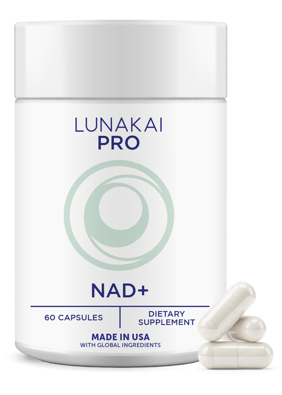 Lunakai frasco frontal mostrando diseño y 60 cápsulas, apoyo a la energía diaria