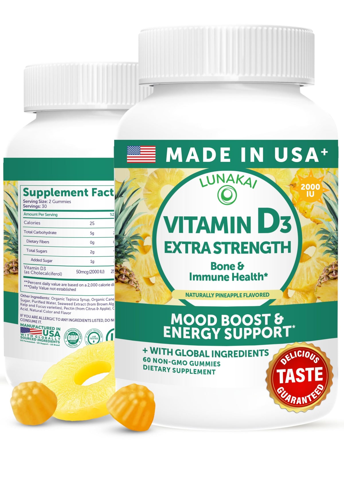 Lunakai envase frontal de Vitamin D3 2000 IU mostrando la etiqueta y beneficio práctico