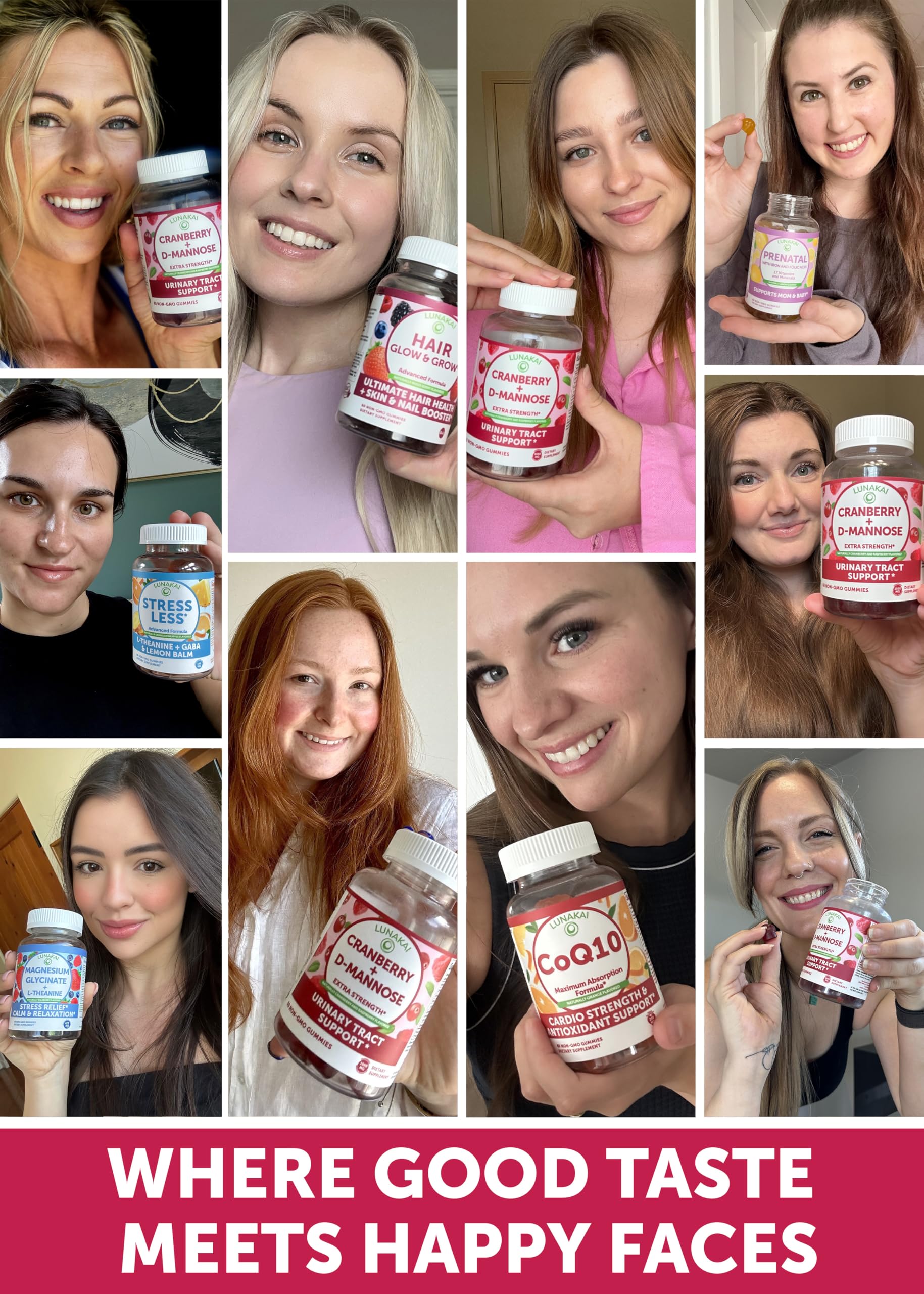 Ingredientes arándano y D‑Mannosa representados junto a una gomita Lunakai para contexto