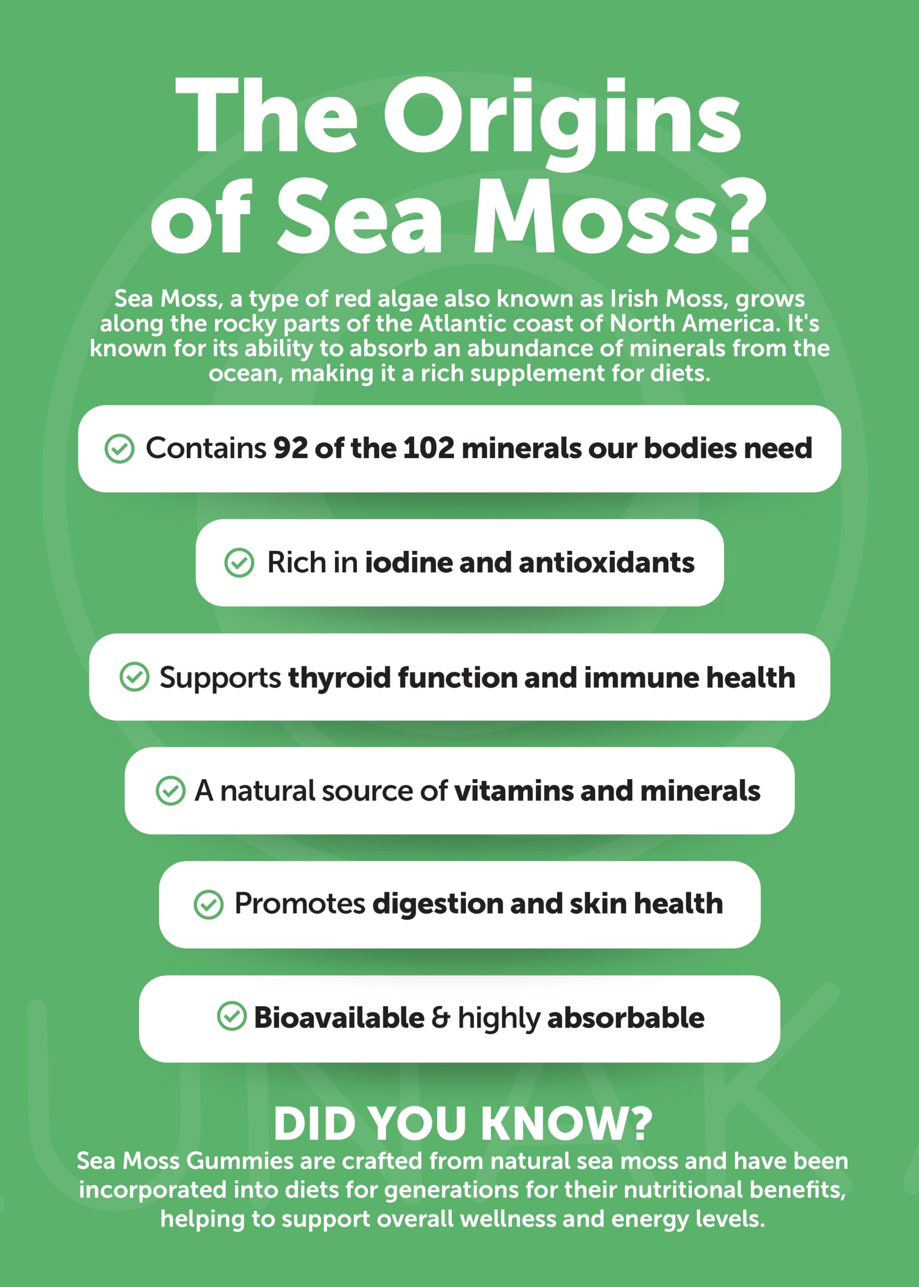 Lunakai ingredientes secos: sea moss, bladderwrack y bardana organizados