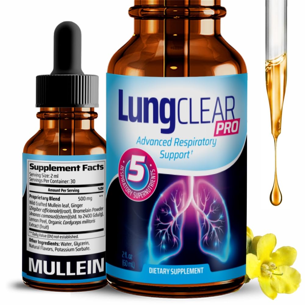LUNG CLEAR PRO frasco frontal mostrando el tamaño y etiqueta, beneficio de dosificación clara