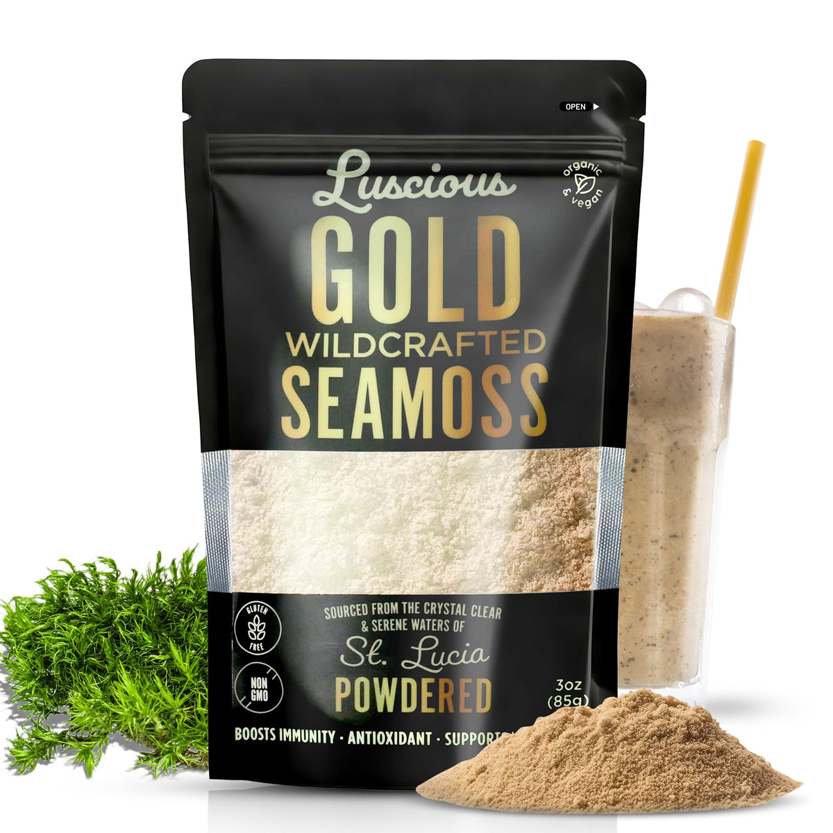 Luscious Sea Moss Empaque frontal que muestra polvo orgánico y rendimiento