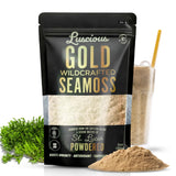 Luscious Sea Moss Empaque frontal que muestra polvo orgánico y rendimiento
