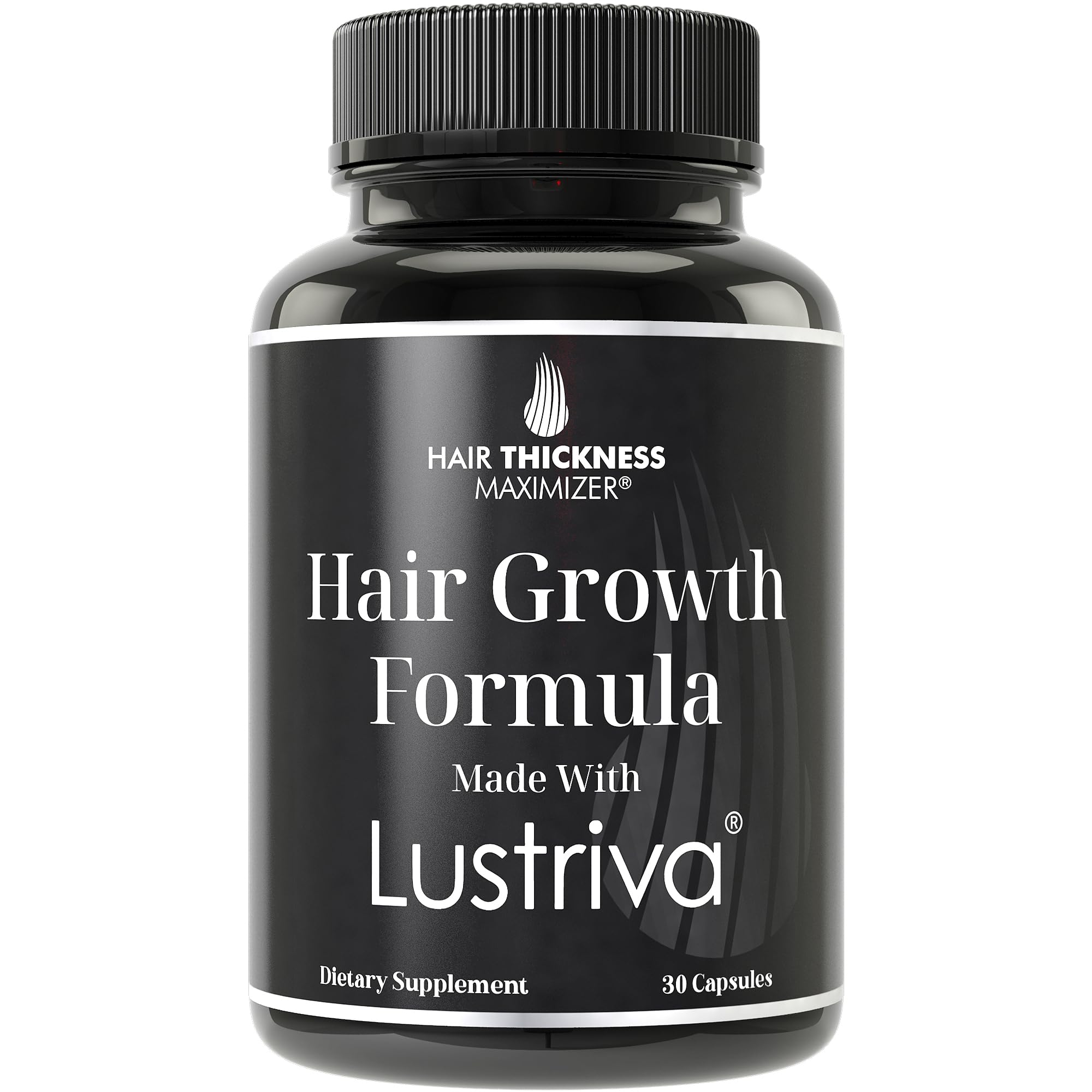 Hair Thickness Maximizer Lustriva frente del envase mostrando la marca y beneficios