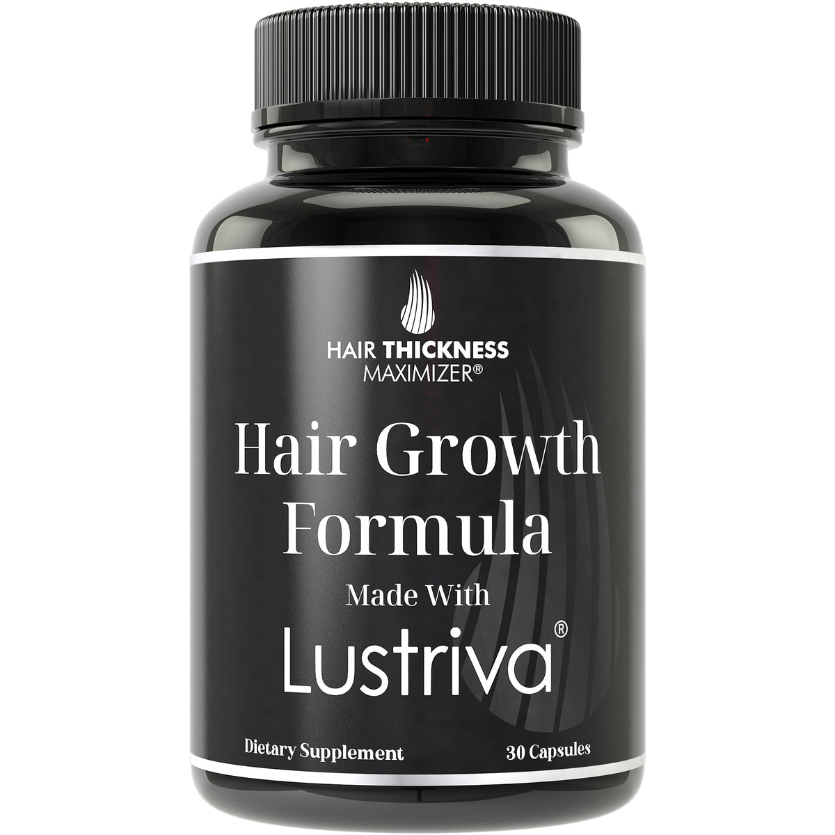 Hair Thickness Maximizer Lustriva frente del envase mostrando la marca y beneficios