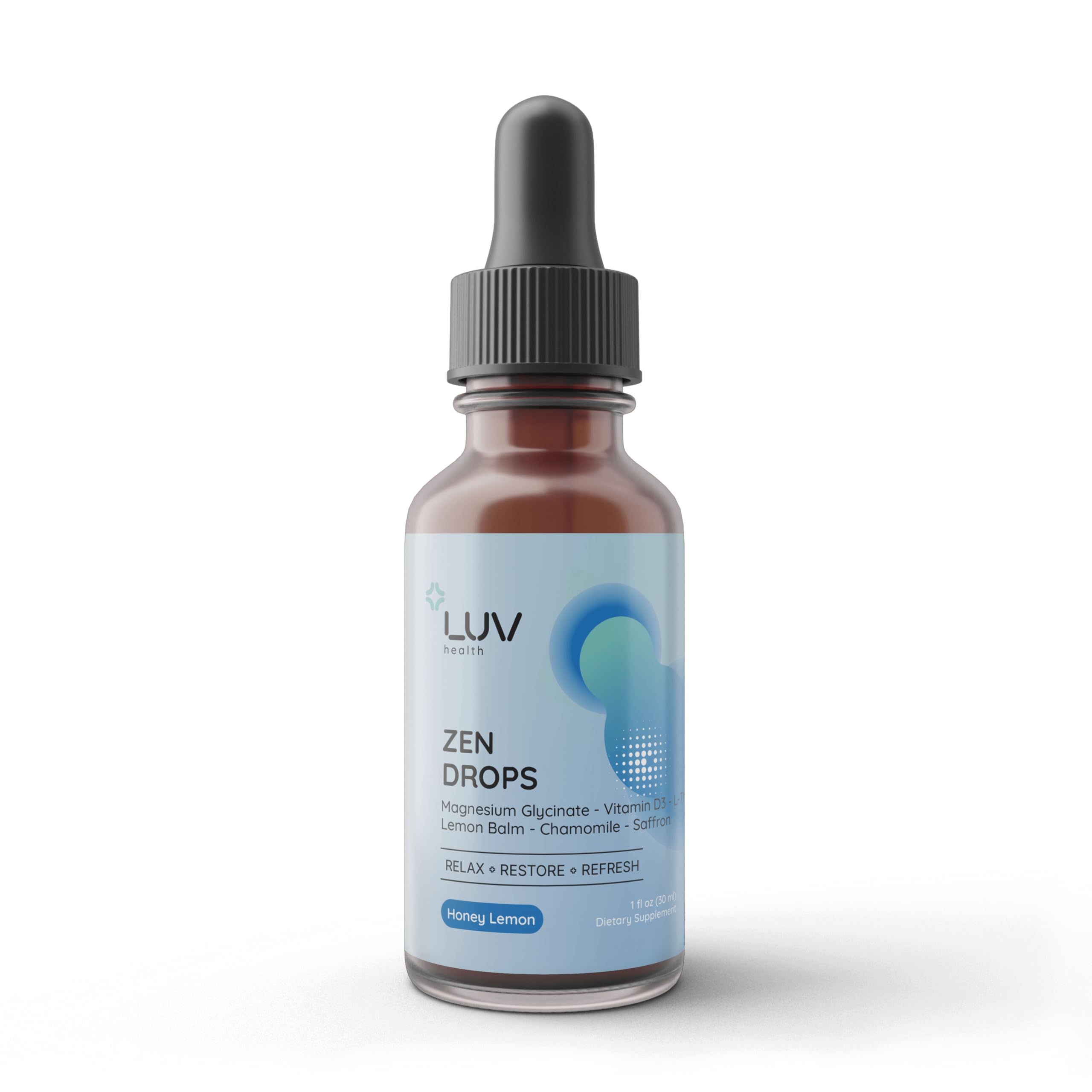 LUV health botella frontal de Zen Drops mostrando diseño y dosis rápida