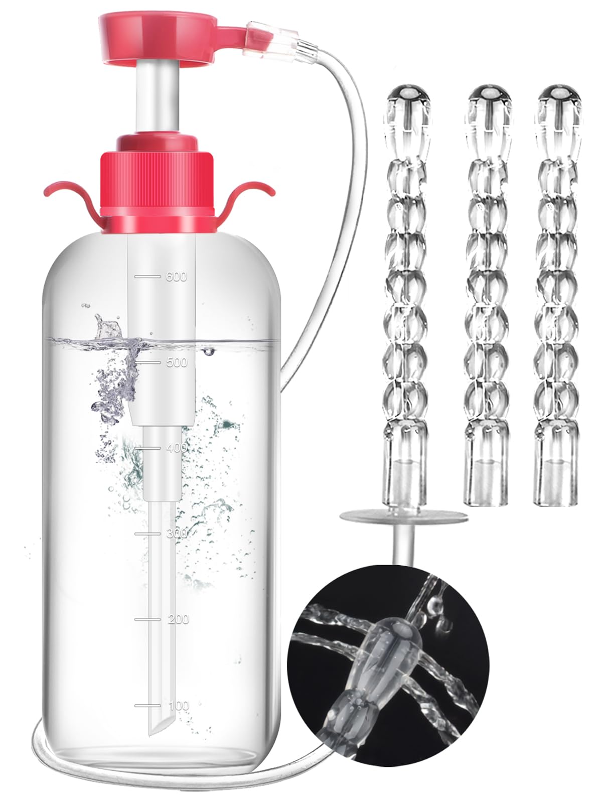 LuxoCare frasco 600ml frente mostrando capacidad y diseño portátil