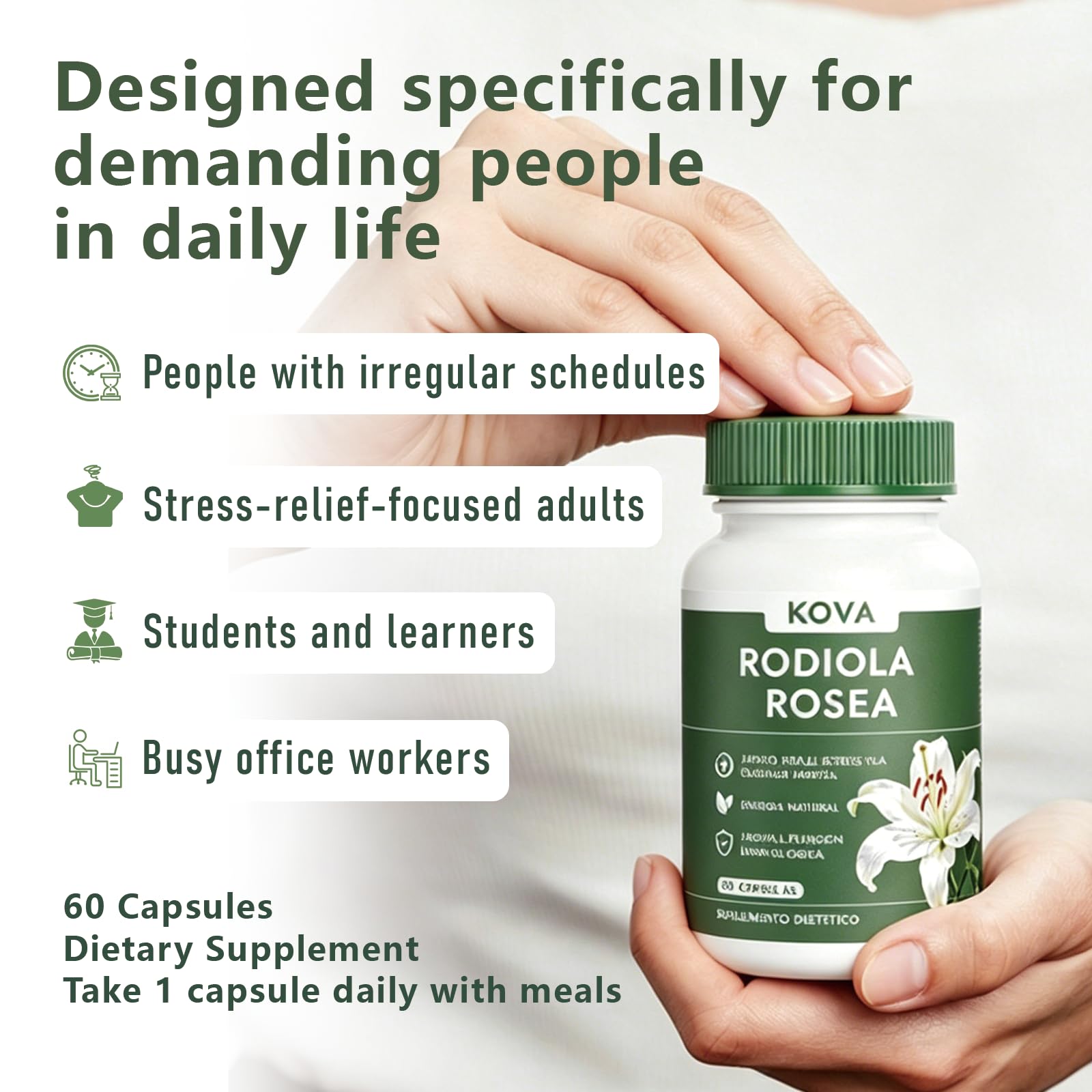 Lwefao KOVA Rhodiola cápsula en mano para comparar tamaño y dosificación