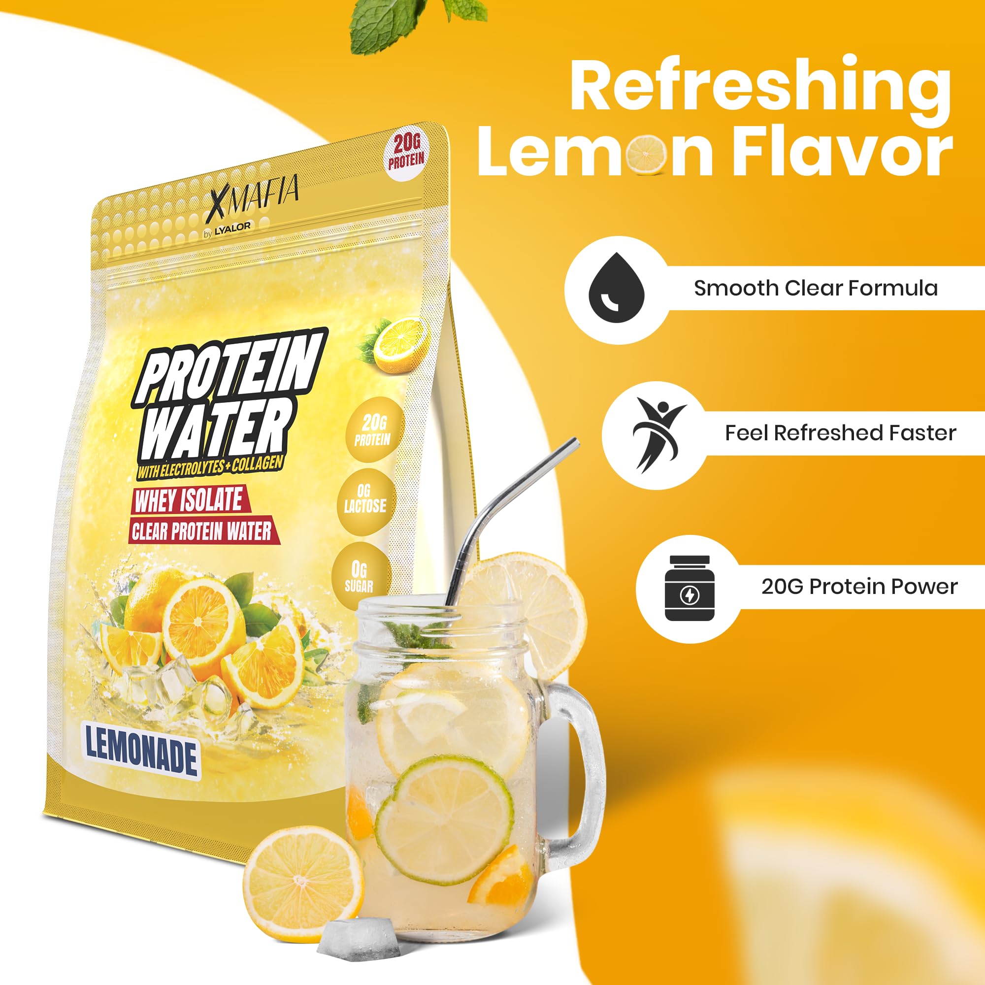 LYALOR XMafia etiqueta nutricional, detalle de 20 g de proteína y electrolitos