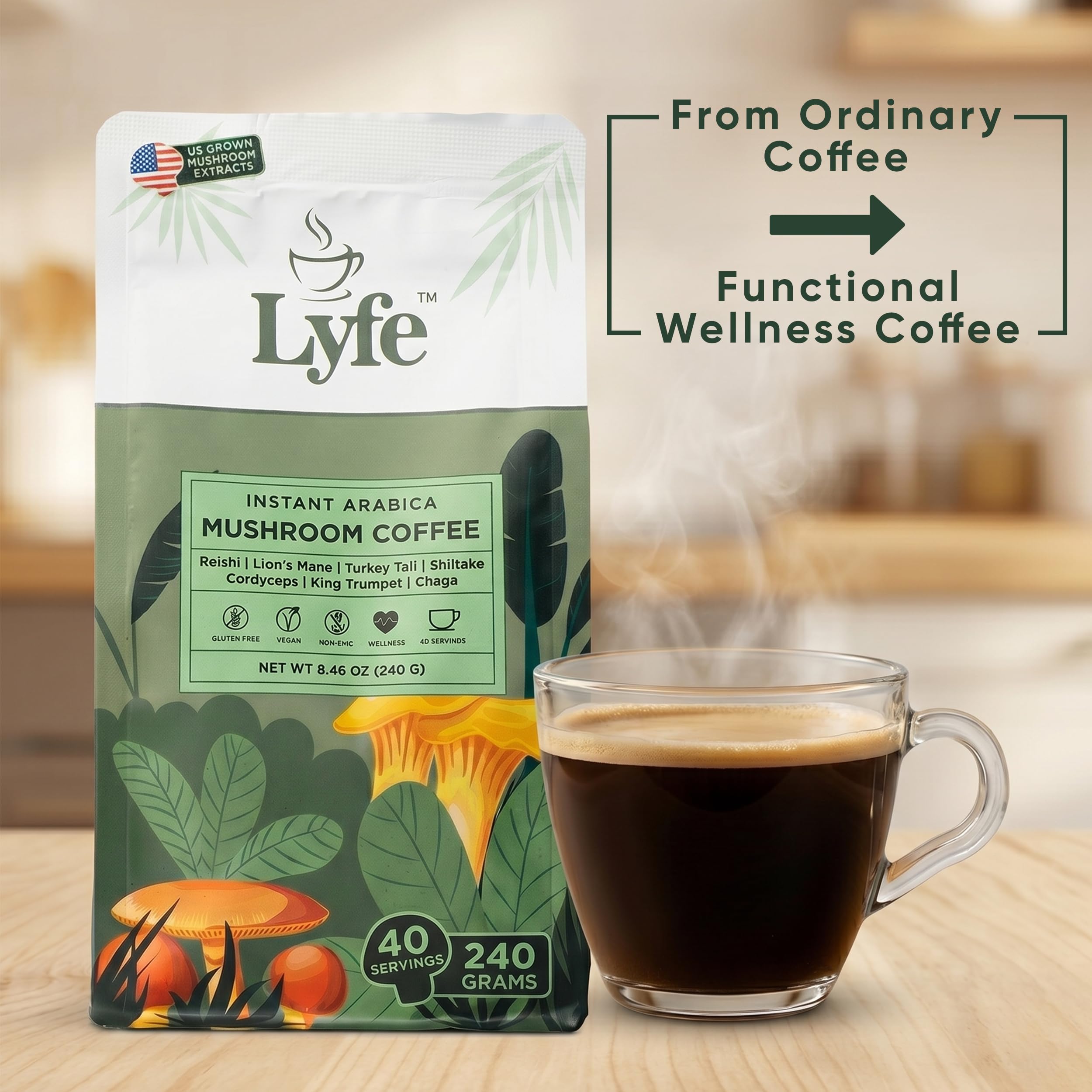 LYFE hongos crudos (Lion's Mane, Reishi, Chaga) mostrando la fuente natural