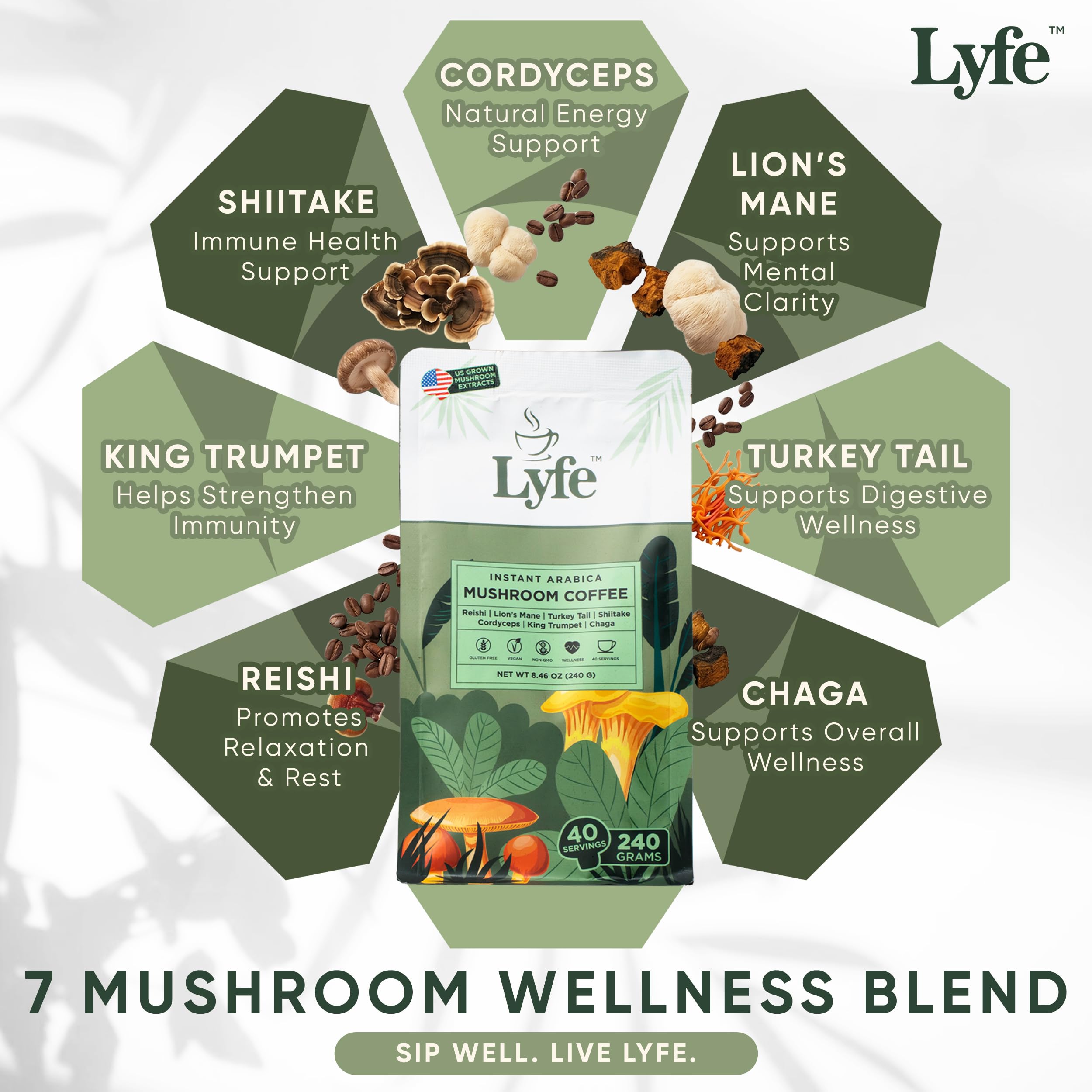 LYFE taza servida en mesa que sugiere enfoque y energía equilibrada