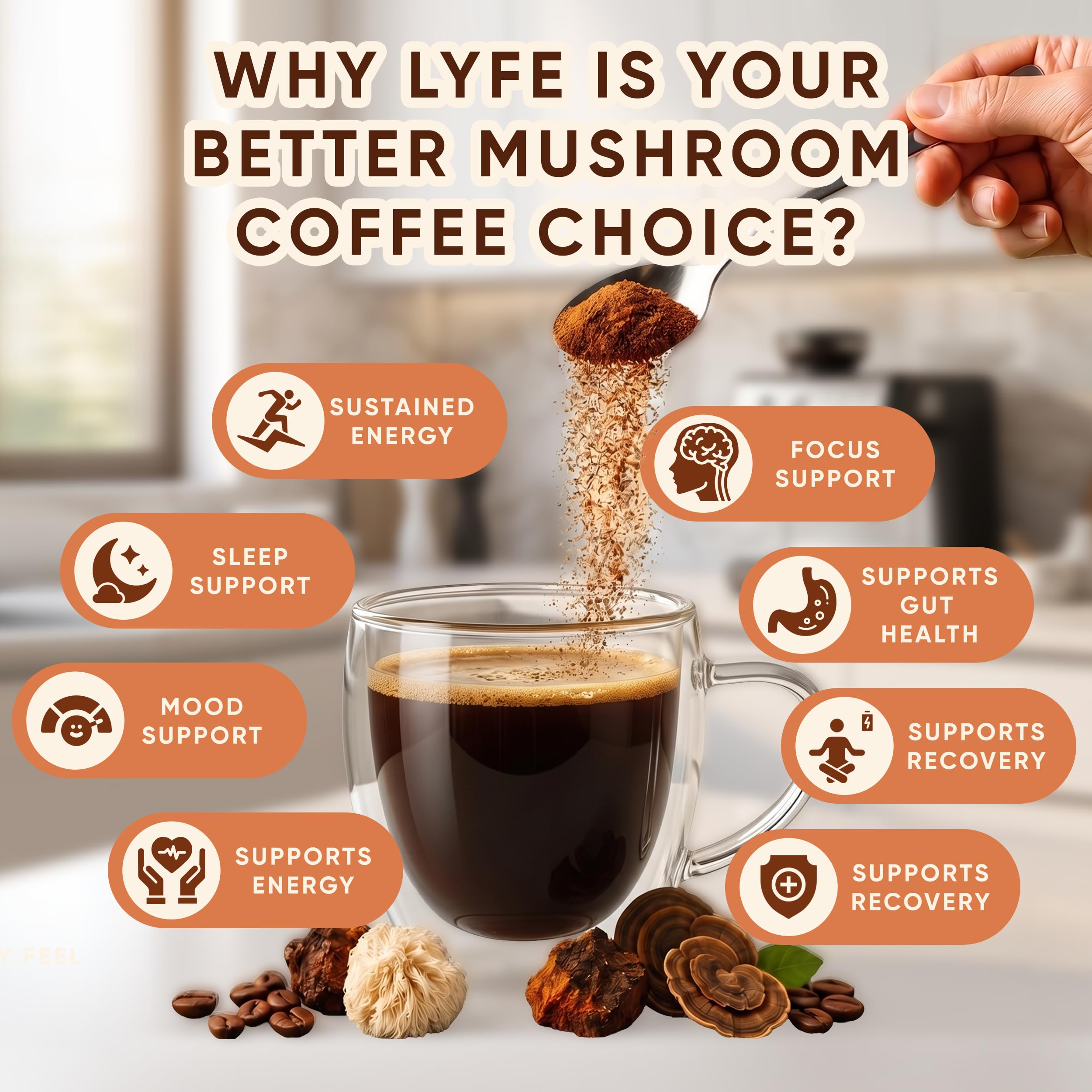 LYFE taza con el café preparado demostrando sabor suave y confort instantáneo