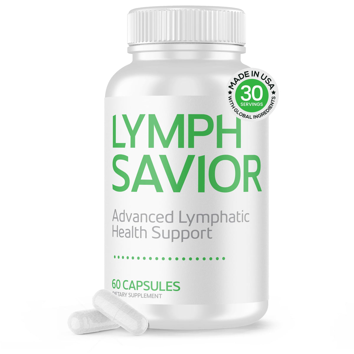 Lymph Savior frasco frontal mostrando diseño y tamaño útil