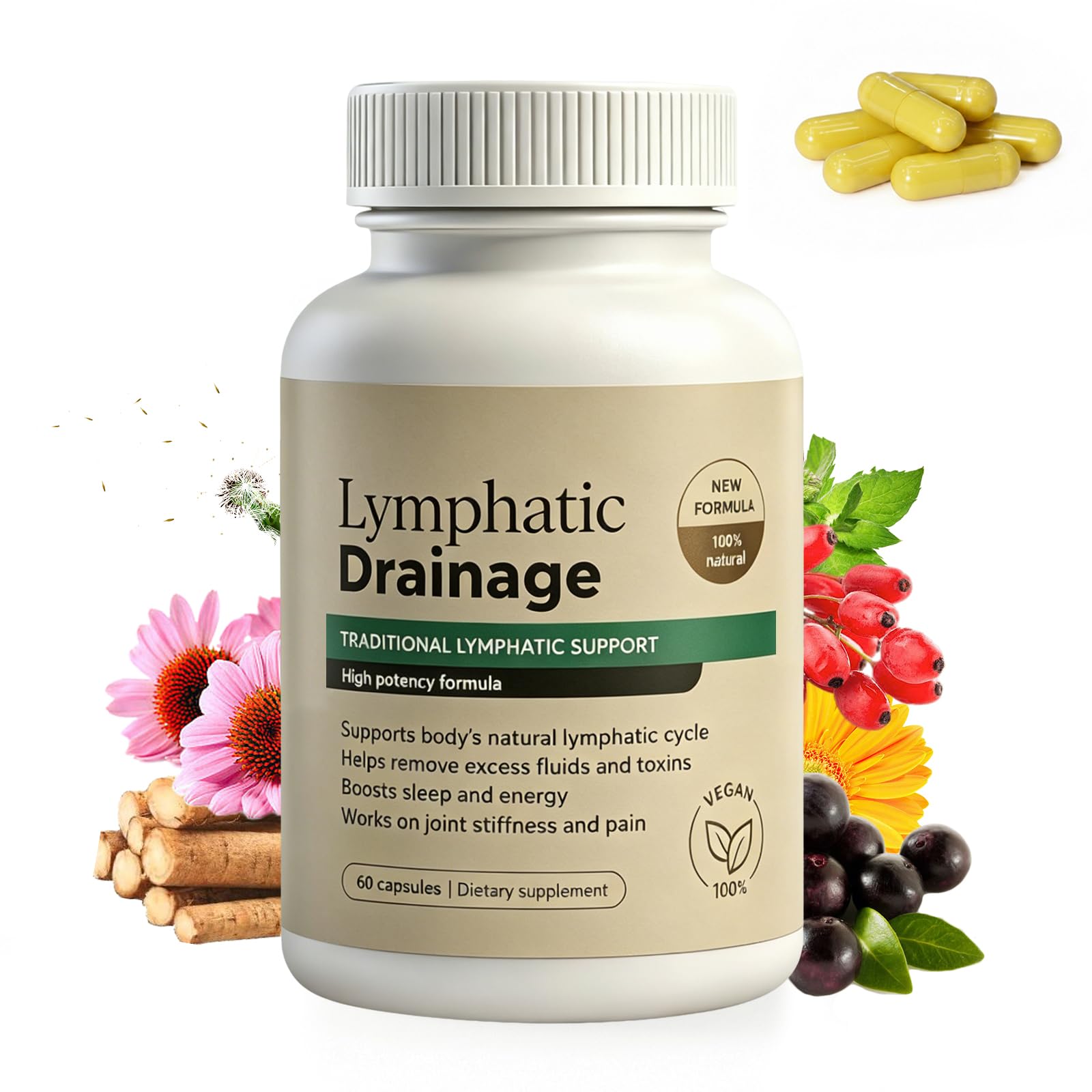 Generic frasco frontal mostrando Lymphatic Drainage Capsules y claridad del envase