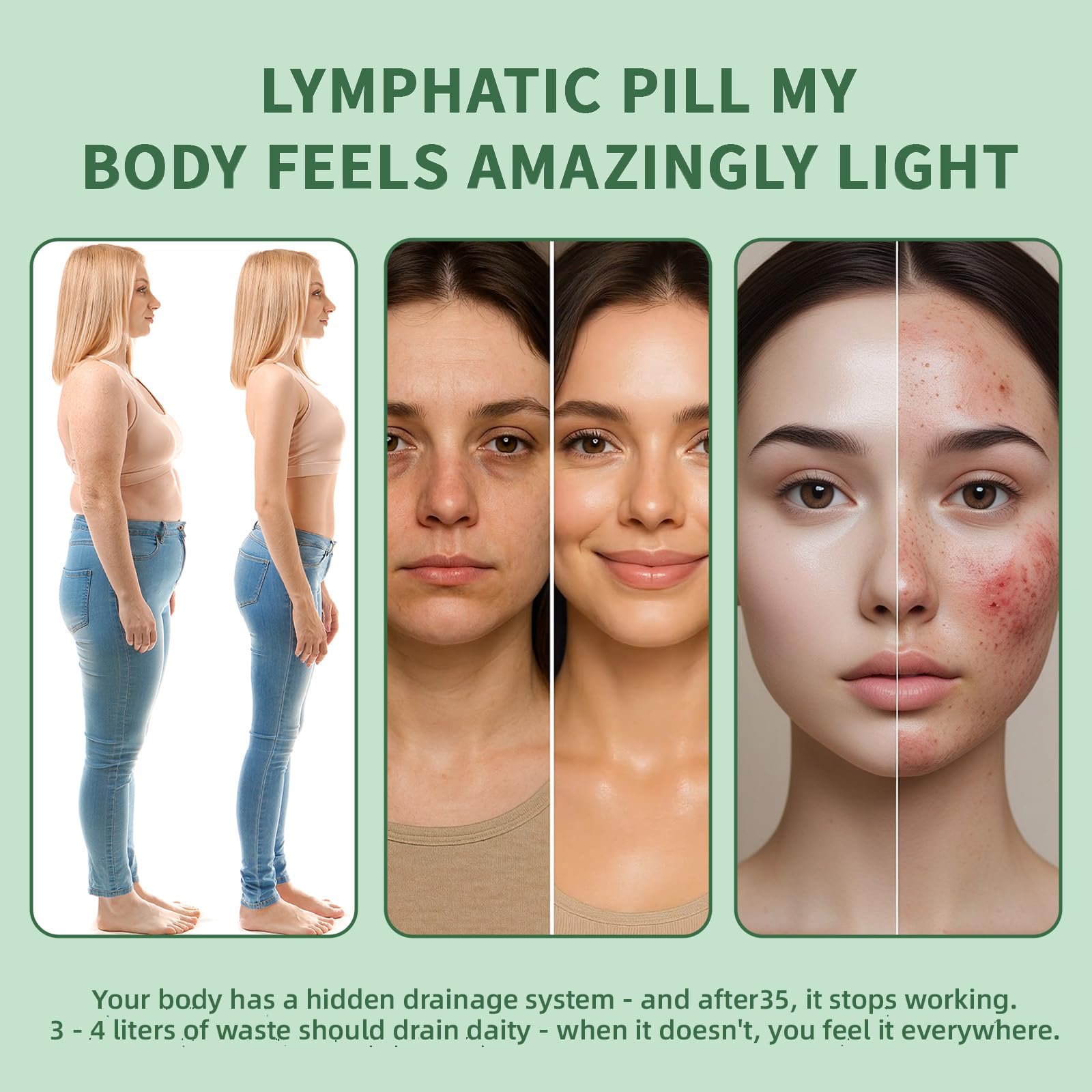 Generic frasco junto a vaso y libreta sugiriendo uso diario de Lymphatic Drainage Capsules
