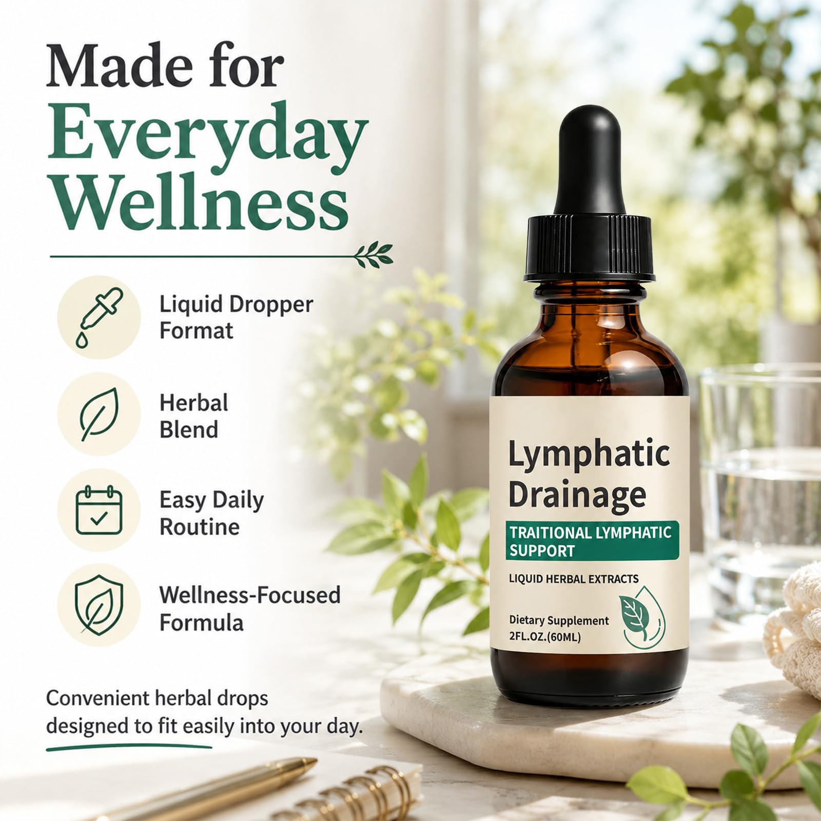 Persona administrando Generic Lymphatic Drainage en la palma para dosificación fácil