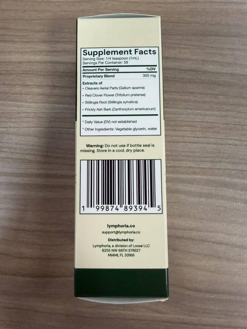 LYMPHORIA etiqueta con lista de ingredientes limpios y sin alcohol