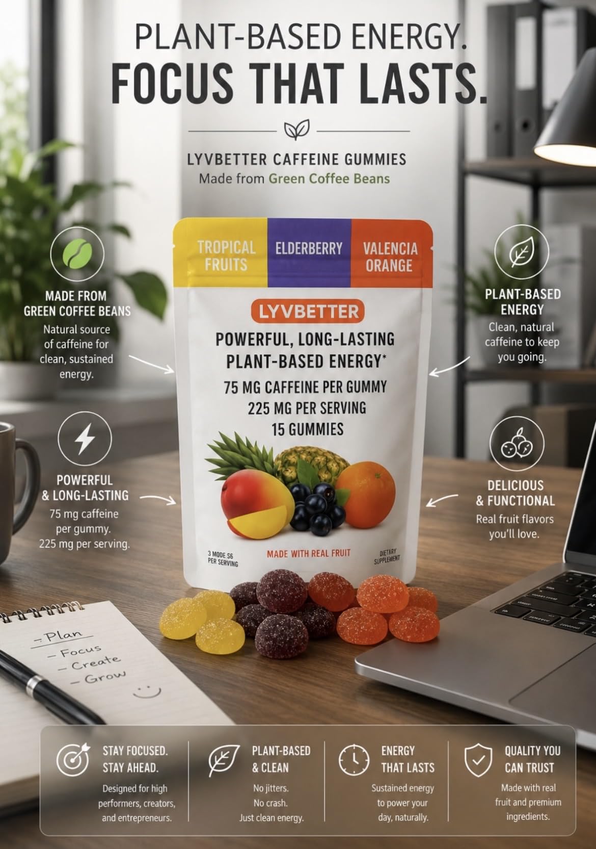 LYVBETTER etiqueta del envase con información de cafeína visible