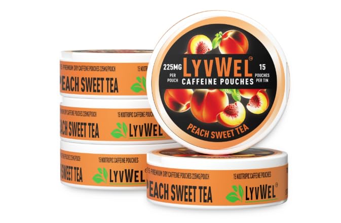LyvWel paquete frontal Peach Sweet Tea mostrando cantidad y beneficio energético