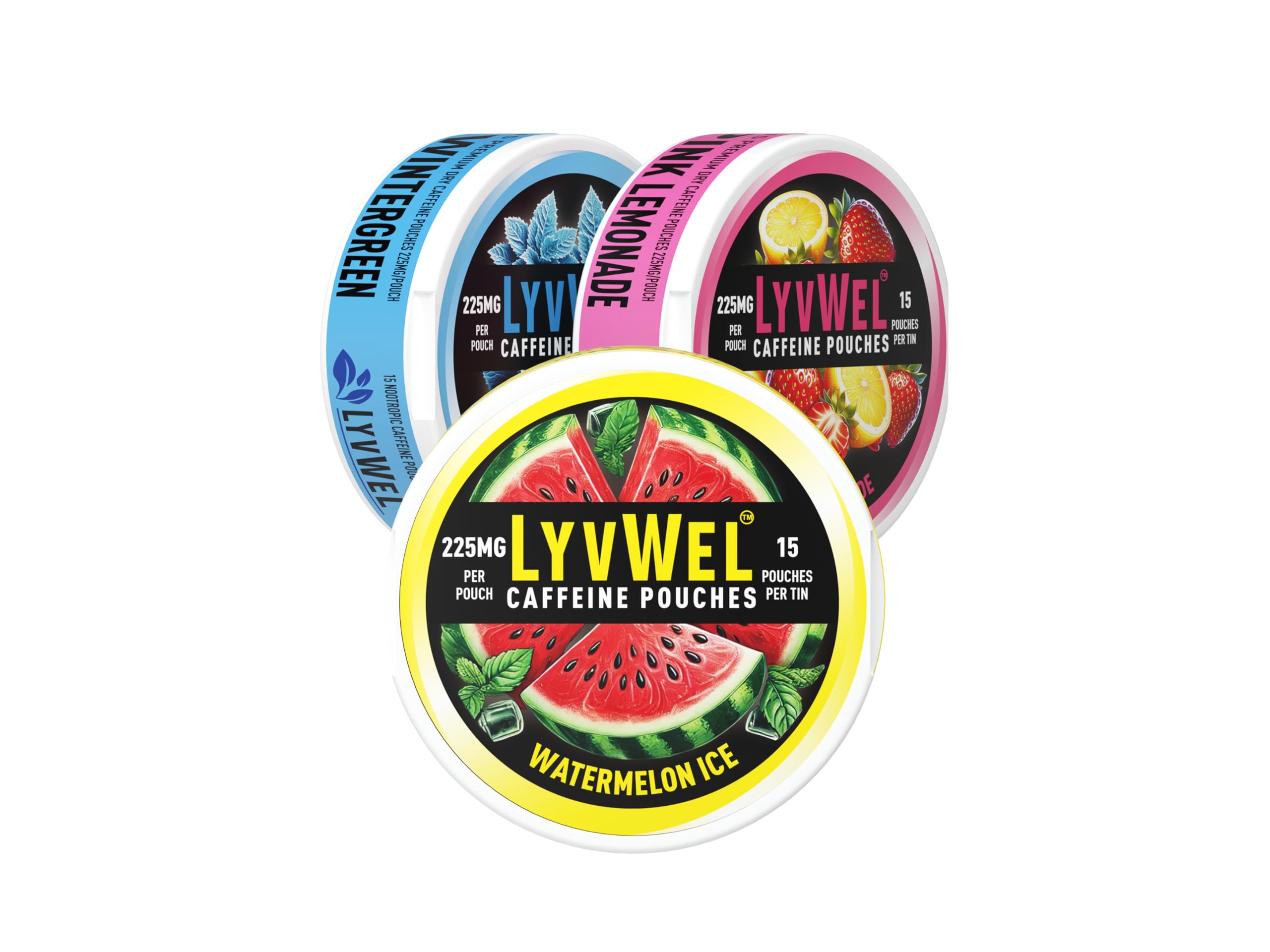 LyvWel lata frontal pack 3 mostrando los sabores y beneficio energía portátil