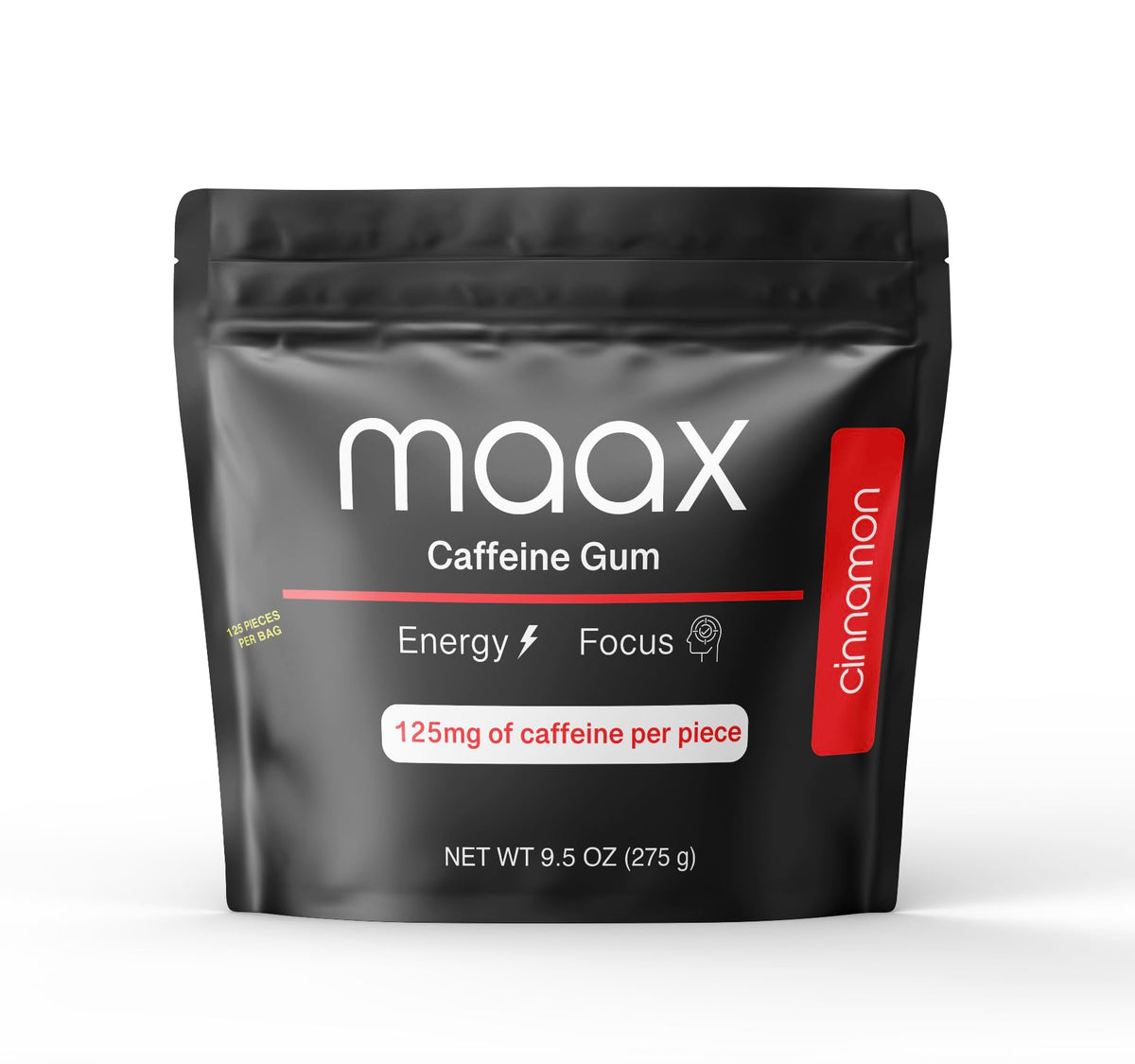 Maax Caffeinated Gum frente del empaque mostrando 125 piezas y beneficio energía portátil