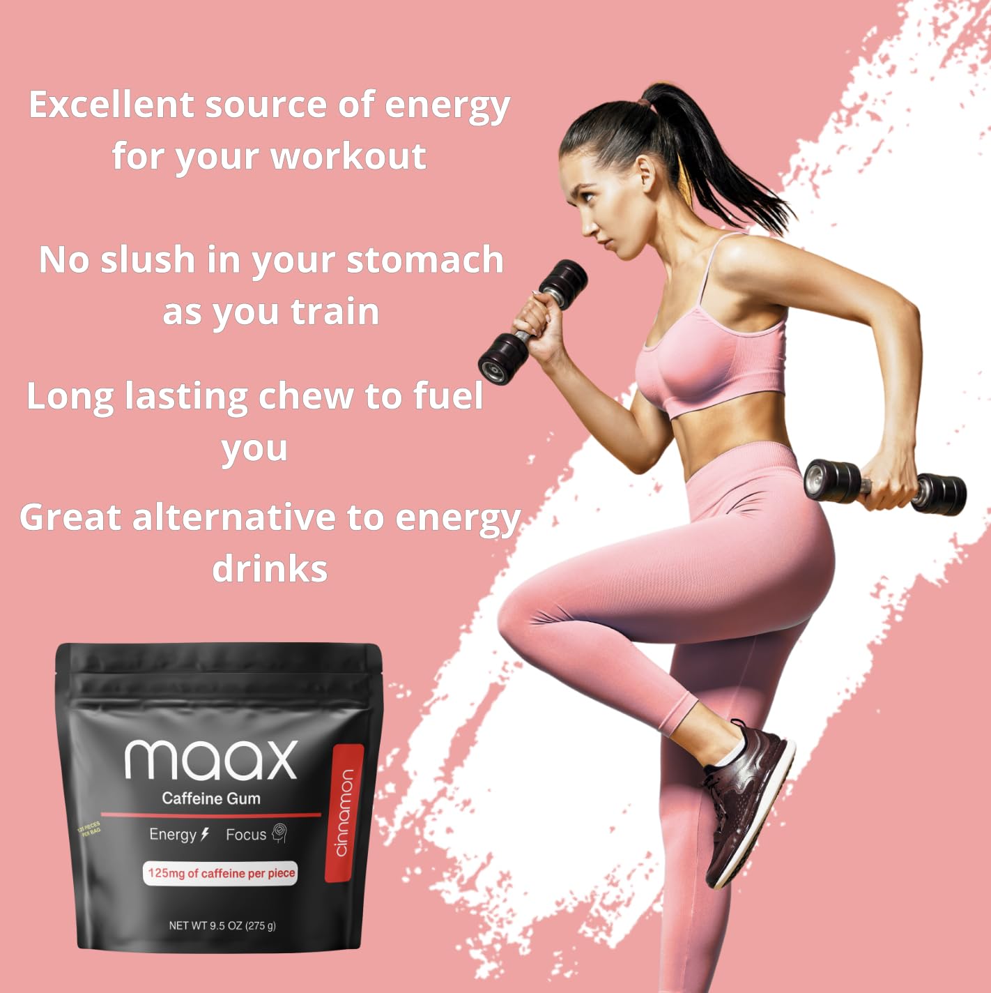 Maax Caffeinated Gum etiqueta visible con 125 mg por pieza para dosificación clara