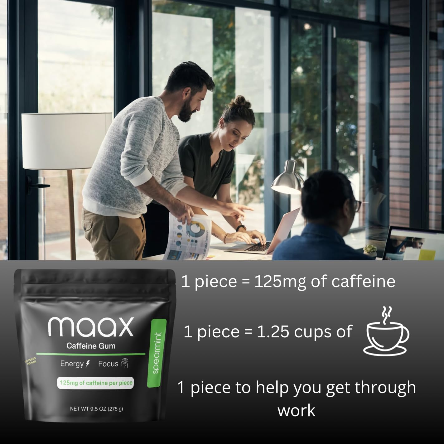 Etiqueta de Maax Caffeinated Gum mostrando 125 mg por pieza y advertencias claras