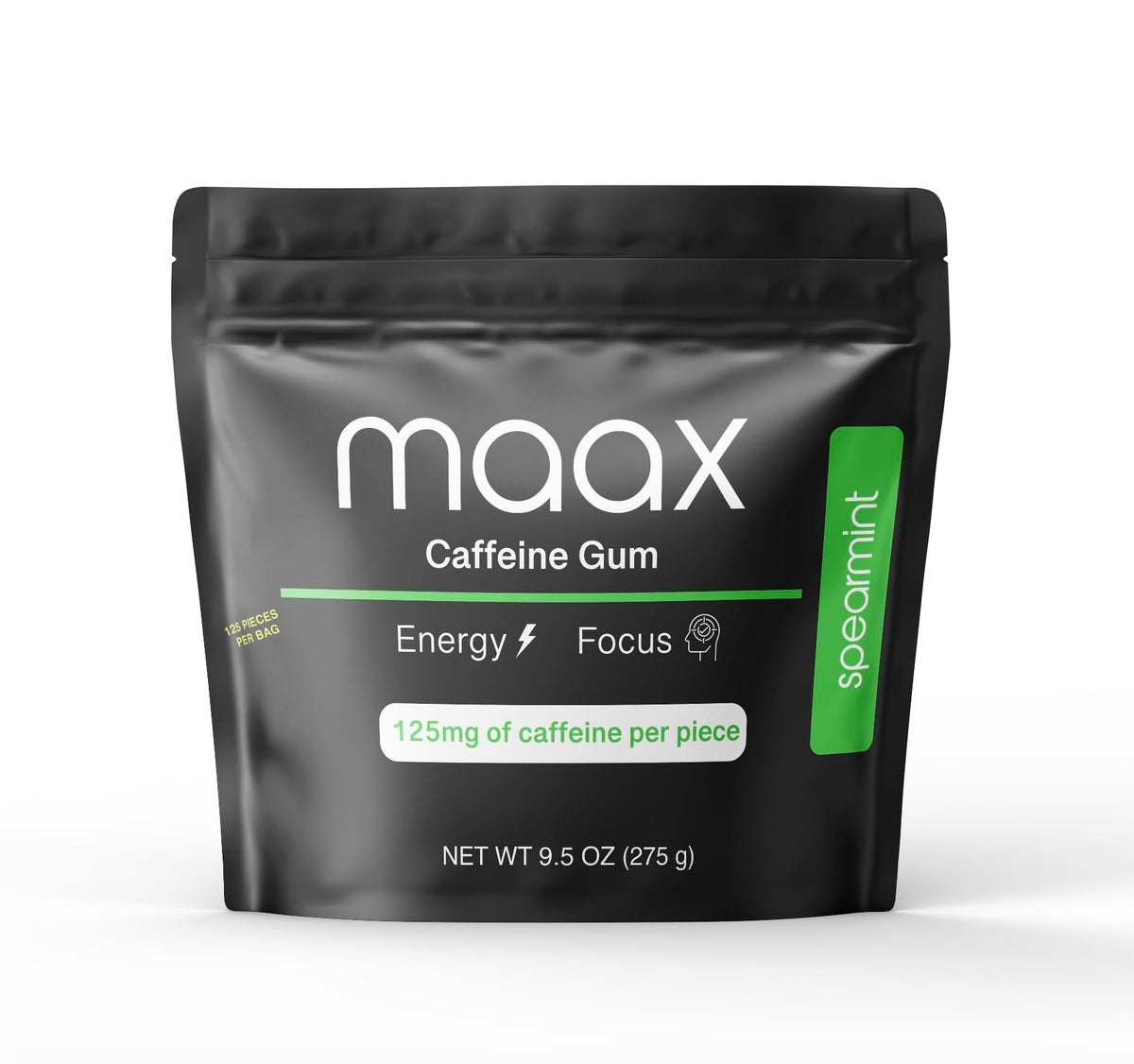 Maax Caffeinated Gum vista frontal de la bolsa con 125 piezas, conveniencia portable