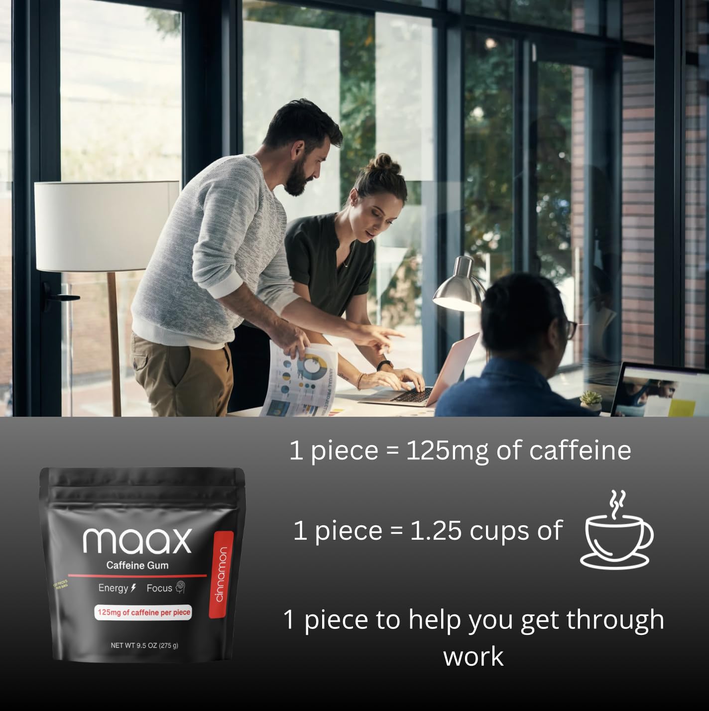 Maax Caffeinated Gum pieza en mano lista para masticar y ofrecer impulso inmediato