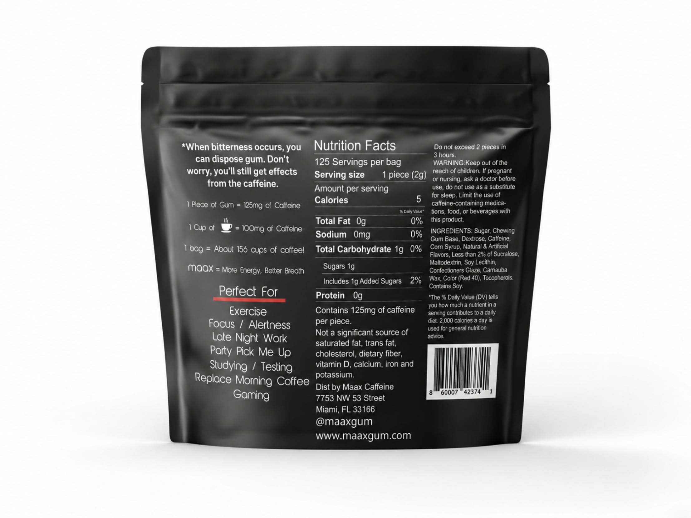 Maax Caffeinated Gum primer plano de textura que resalta liberación rápida de cafeína