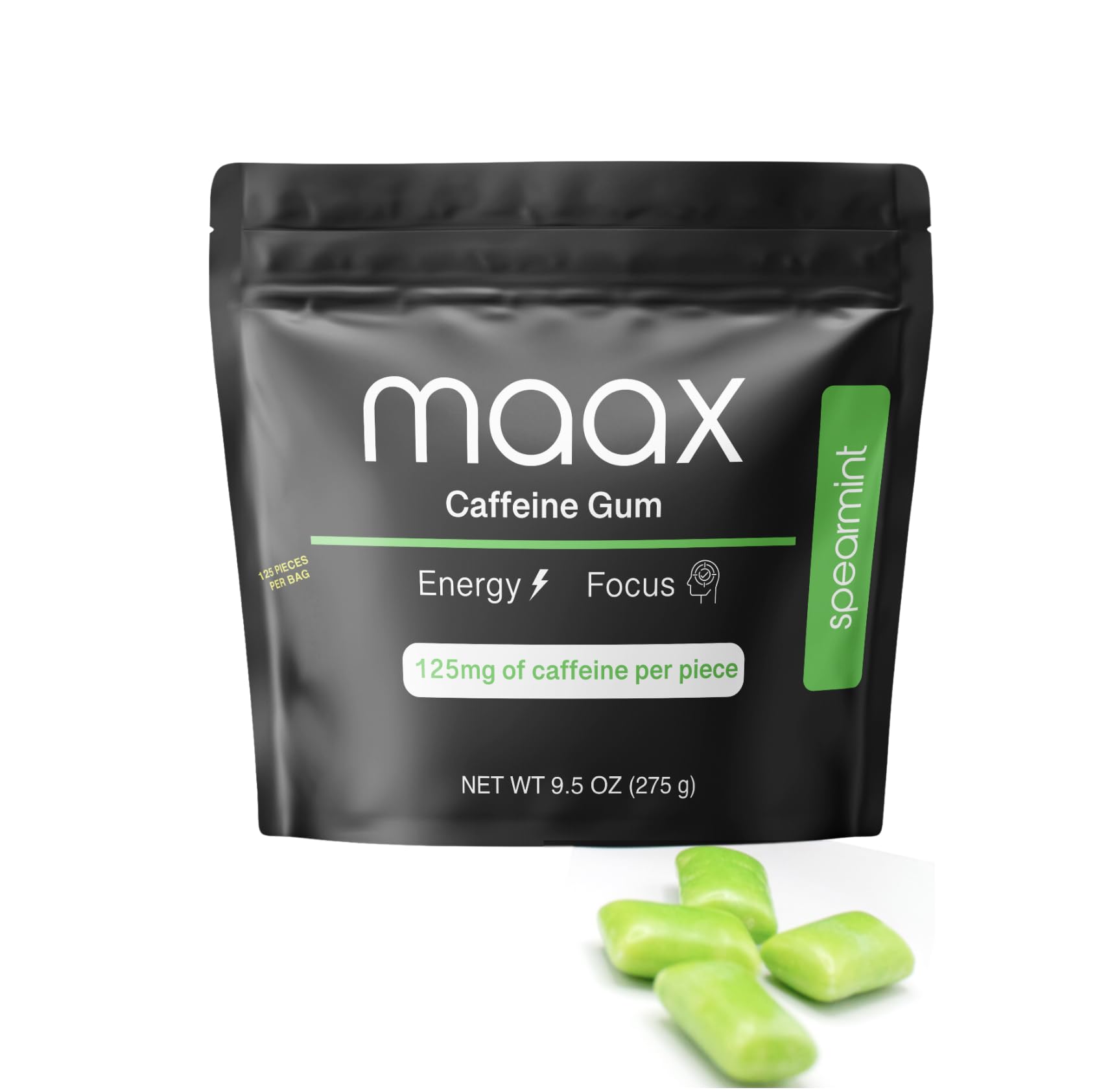 Detalle de la textura y brillo del chicle Maax con sabor spearmint, sensación fresca