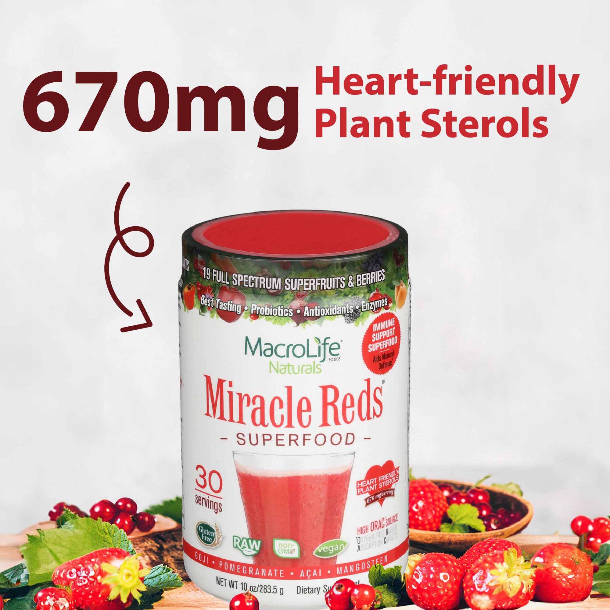 Botella abierta de MacroLife Naturals Miracle Reds mostrando cucharada y uso diario