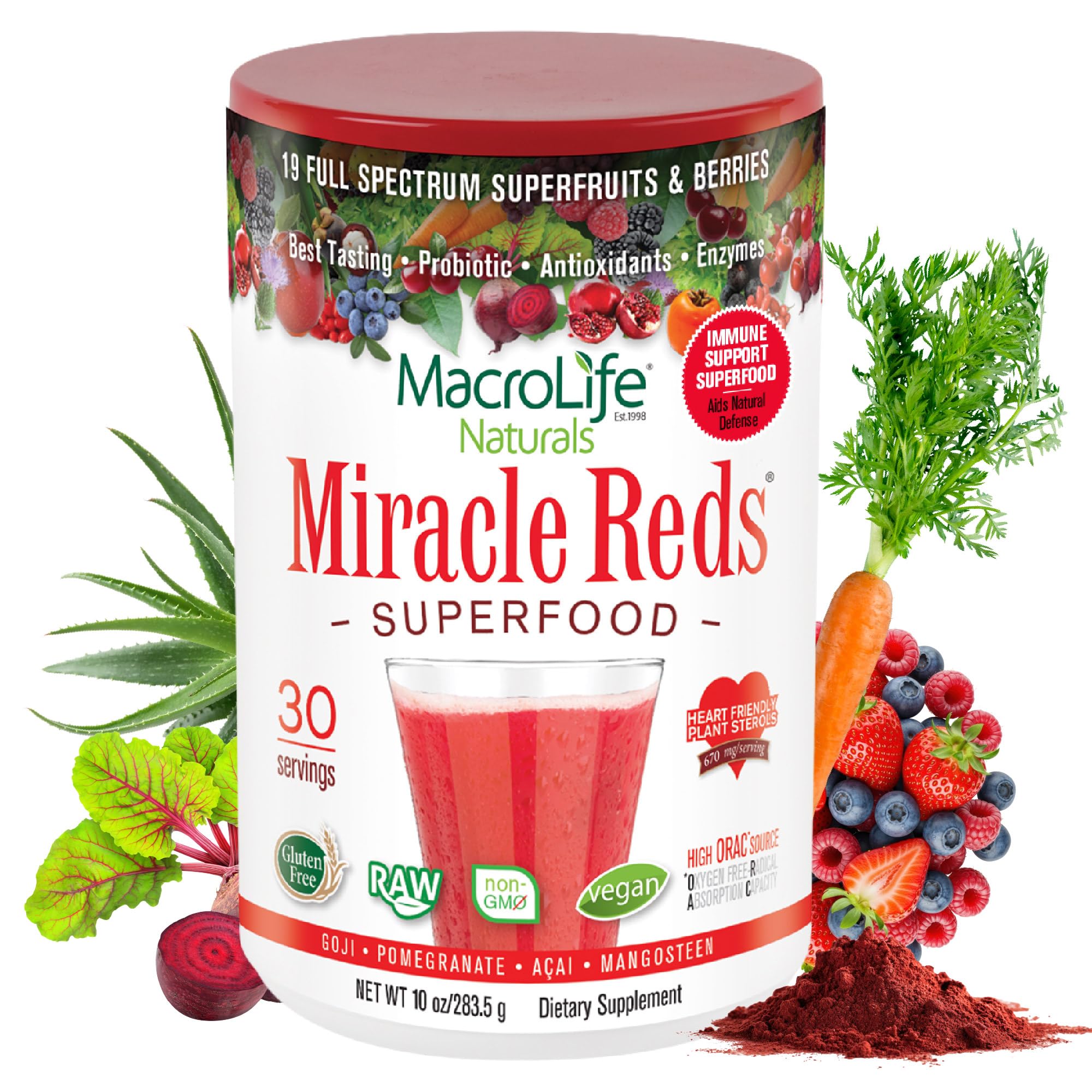 MacroLife Naturals frasco Miracle Reds al frente mostrando etiqueta clara y beneficios