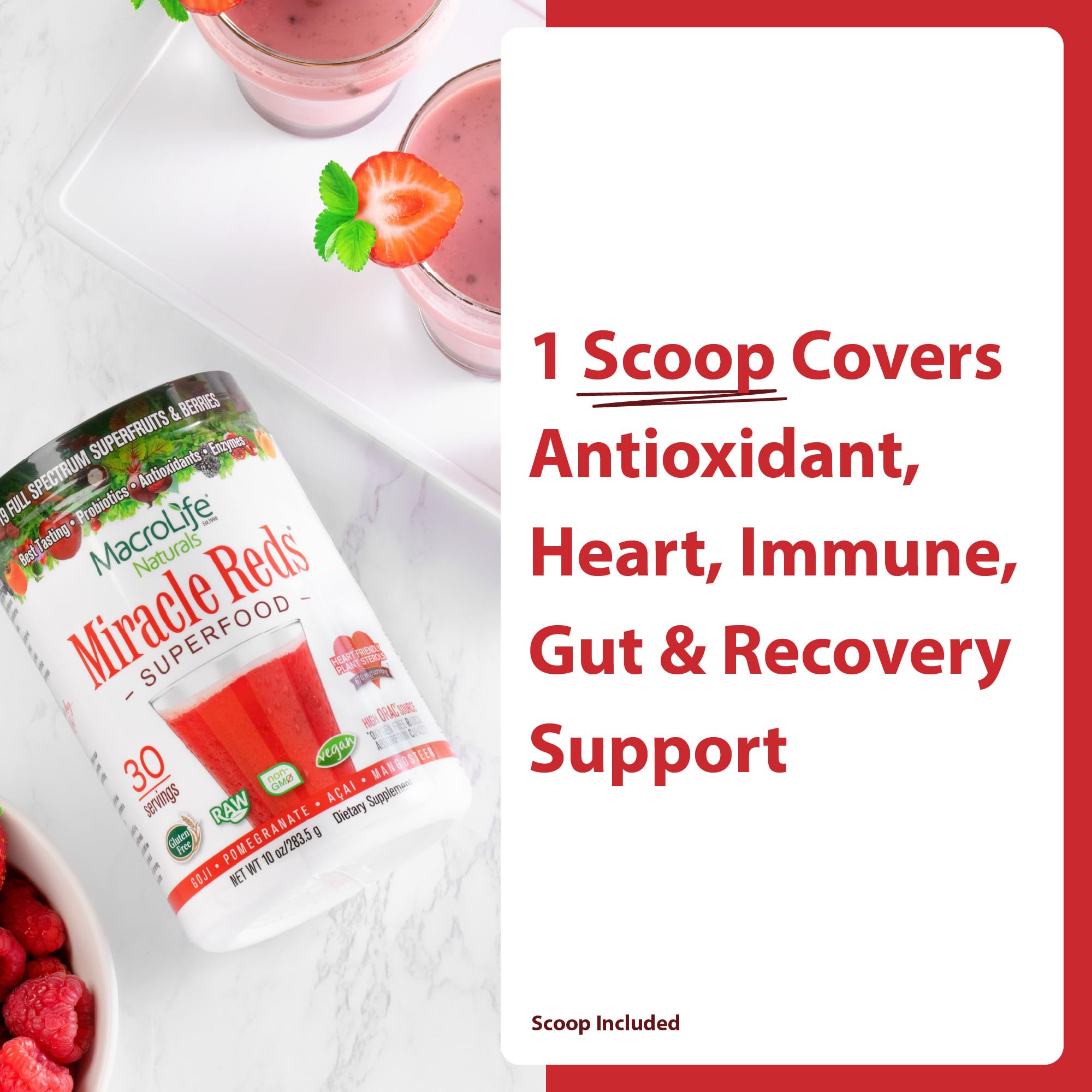 Vaso con mezcla Miracle Reds de MacroLife Naturals listo para beber y mejorar energía