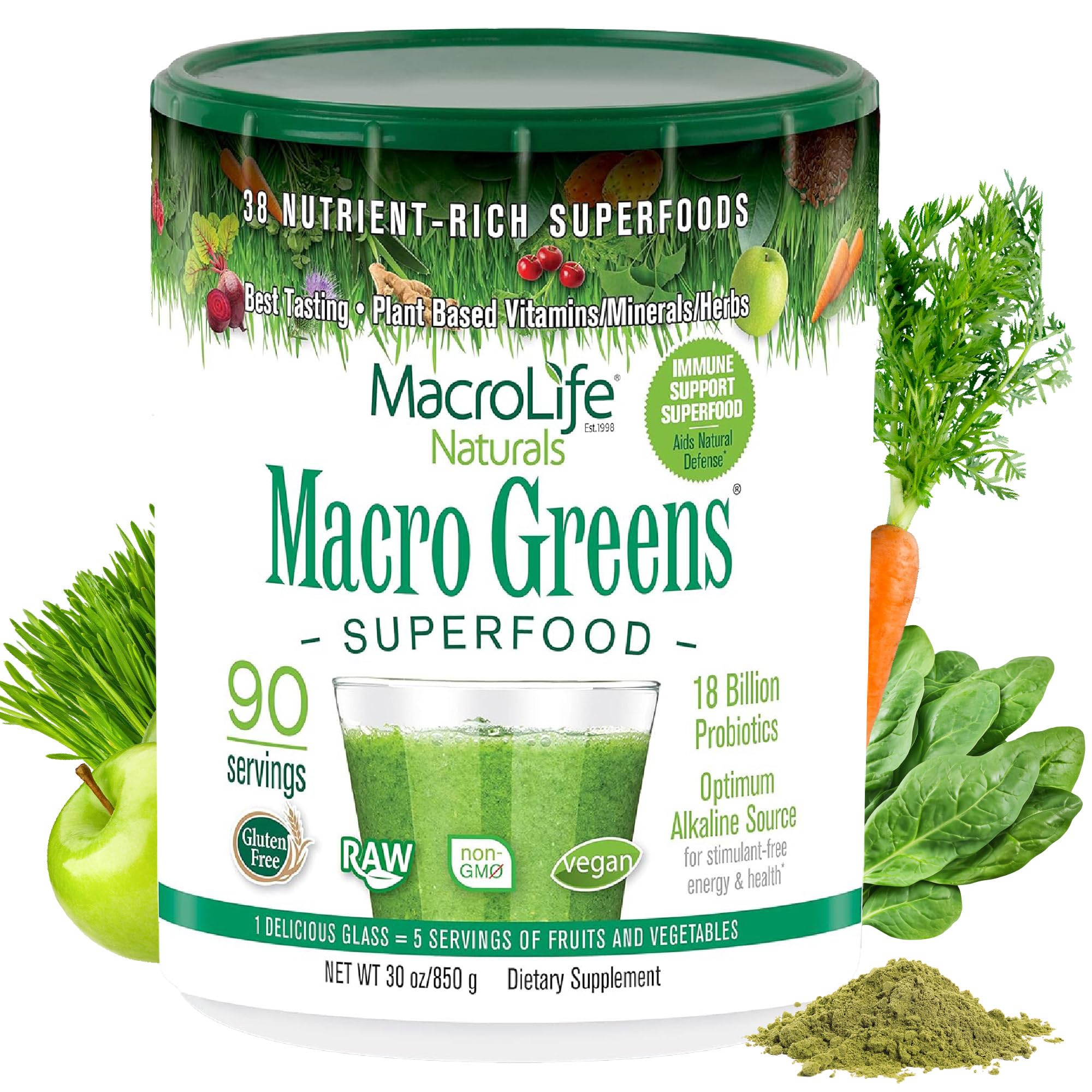 MacroLife Naturals frente del envase mostrando la marca y el tamaño 30 oz, confianza de calidad
