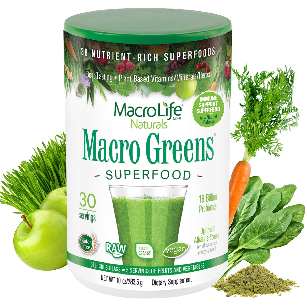 MacroLife Naturals envase frontal mostrando el producto y beneficios