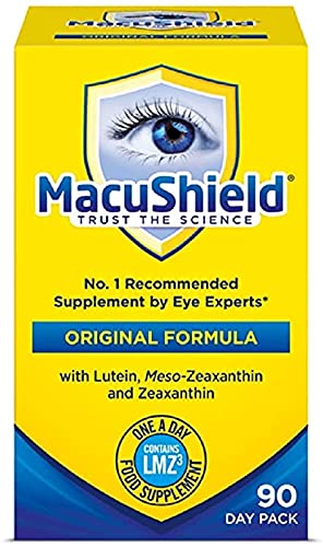 MacuShield frente del envase mostrando diseño y cantidad 90 cápsulas beneficio conveniencia