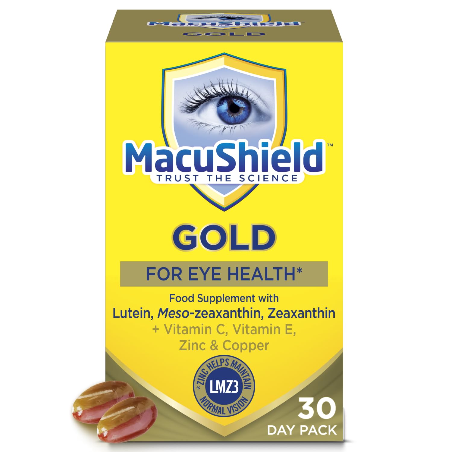 MacuShield Gold frente del paquete mostrando la marca y beneficio ocular