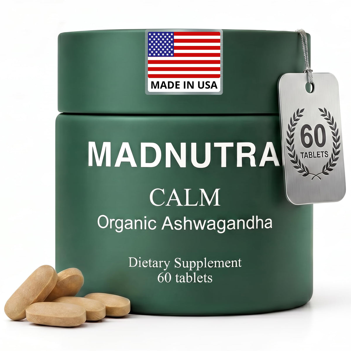 MadNutra Ashwagandha vista frontal del envase y beneficios visibles