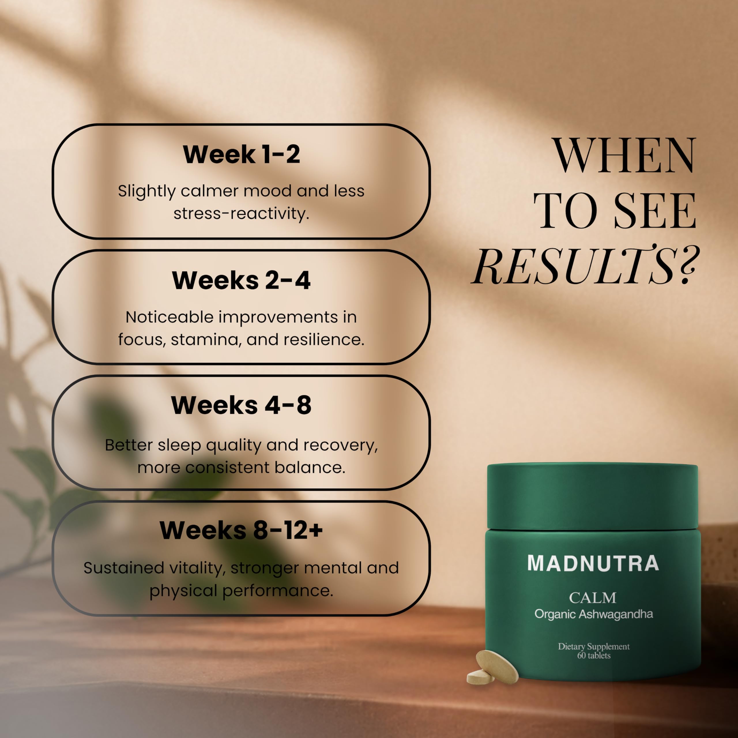 MadNutra Ashwagandha comparación de tamaño de las cápsulas y frasco práctico