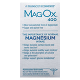 Mag-Ox 400 detalle lateral del frasco mostrando instrucciones claras