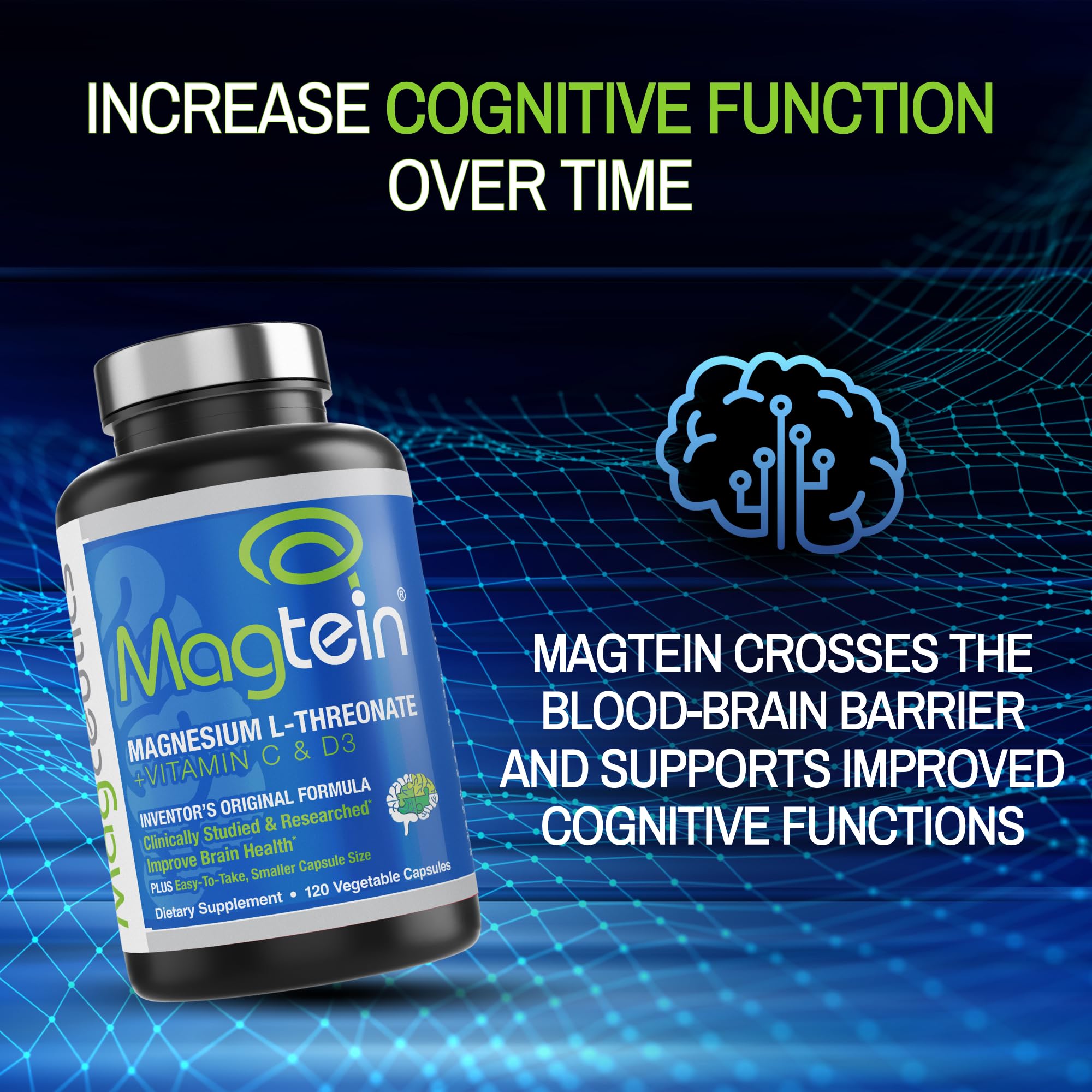 Magceutics Magtein en estilo de vida sobre mesa junto a vaso de agua